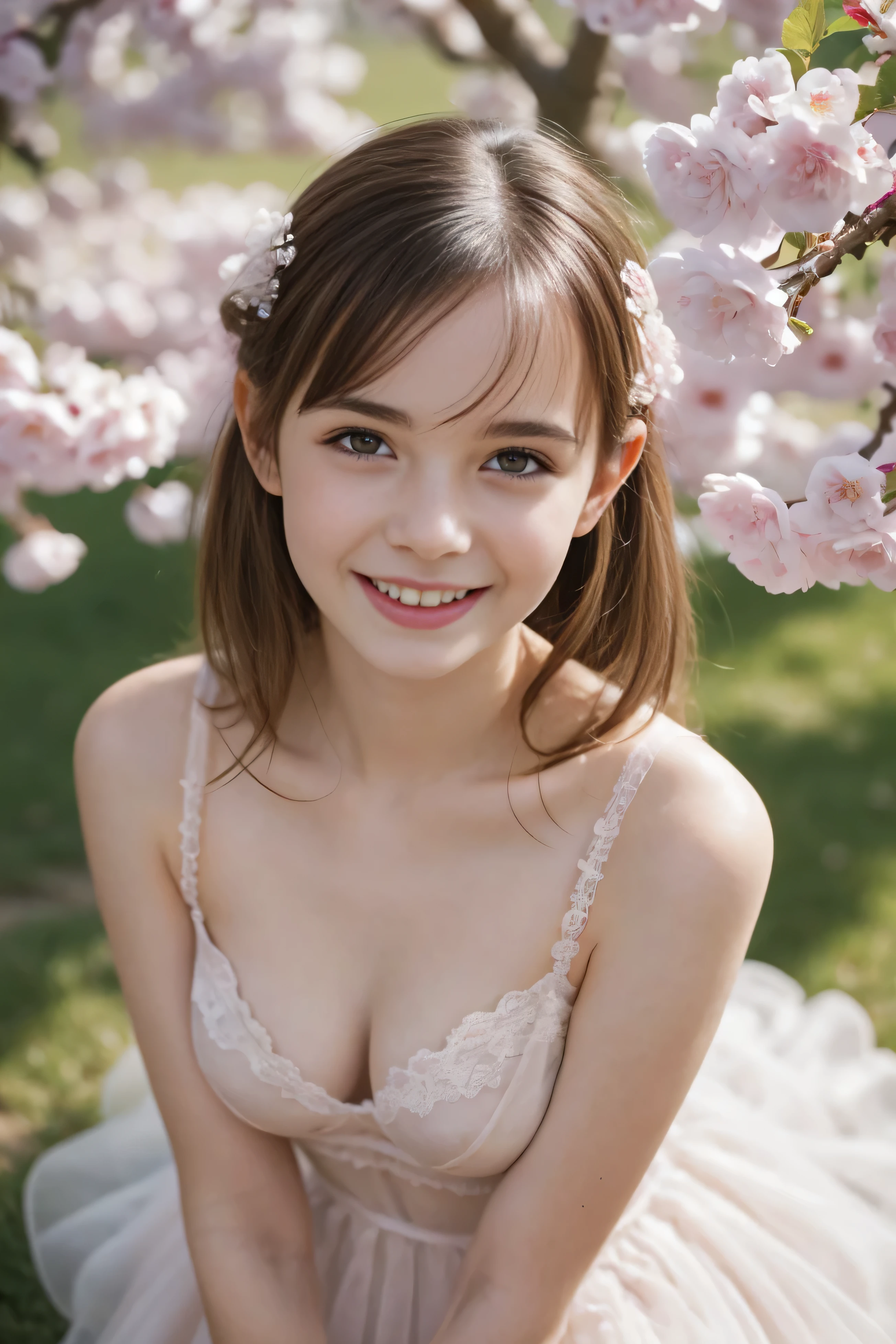 Masterpiece, Best quality, 8k, 18 ans, Photo brute, absurdes, Award-winning portrait, sourire, sourire, pure, french, totally naked, spring, orchard in bloom, famous singer, cute, bare breasts, kneeling