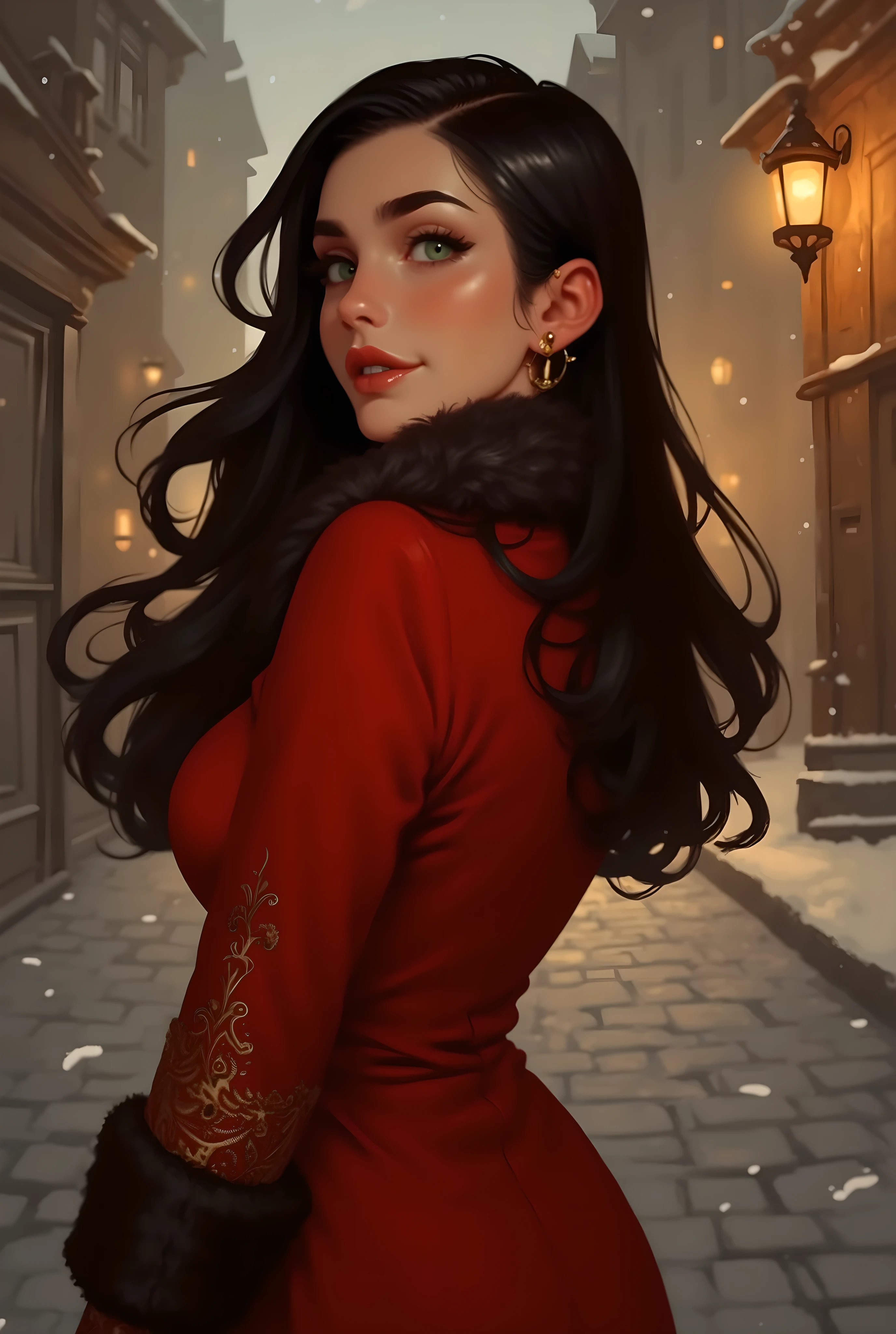 A illustration in the rimixa style. Visualize a striking, elegant 38 year old russian woman with timeless beauty and a poised demeanor, embodying classic Russian allure. Her high cheekbones, pale porcelain skin, and deep, almond-shaped emerald-green eyes topped by thin natura brows exude quiet confidence. Her long silky black hair flows freely and wears thin gold hoop earrings. She wears a tailored crimson wool coat enhancing her perfect hourglass figure with intricate embroidery at the cuffs, paired with a fur-lined collar and fluffy winter gloves, evoking wintry sophistication. The backdrop is a snow-dusted St. Petersburg street at twilight, golden lantern light reflecting off cobblestones. Her expression carries a warm yet enigmatic smile with light dimples, subtle laugh lines and delicate commissure wrinkles hinting at a life rich with stories, while her posture radiates grace. Soft, diffused lighting highlights her regal features, with a hint of frost clinging to her scarf. Style: Romantic realism with extremely detailed textures, blending cultural heritage and quiet strength. She is seen from behind and turns around to look at the viewer with a seductive smile.