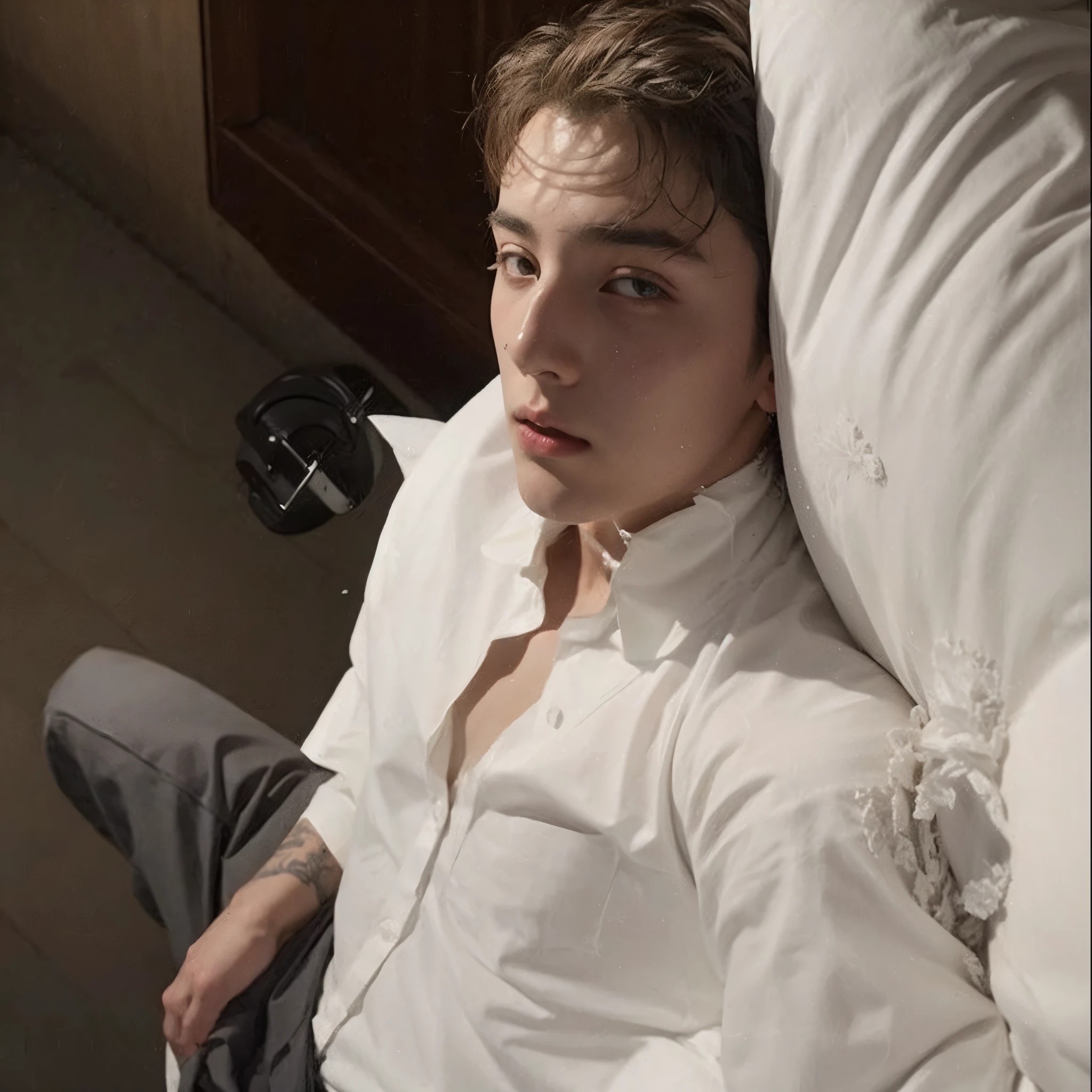 there is a men laying in bed with a pillow on her lap, posing in bed, laying in bed, someone sits in bed, beautiful androgynous prince, timothee chalamet, while posing in the same bed, laying back on the bed, justin bieber, someone in home sits in bed, snapchat photo, sitting on a bed, on my bed