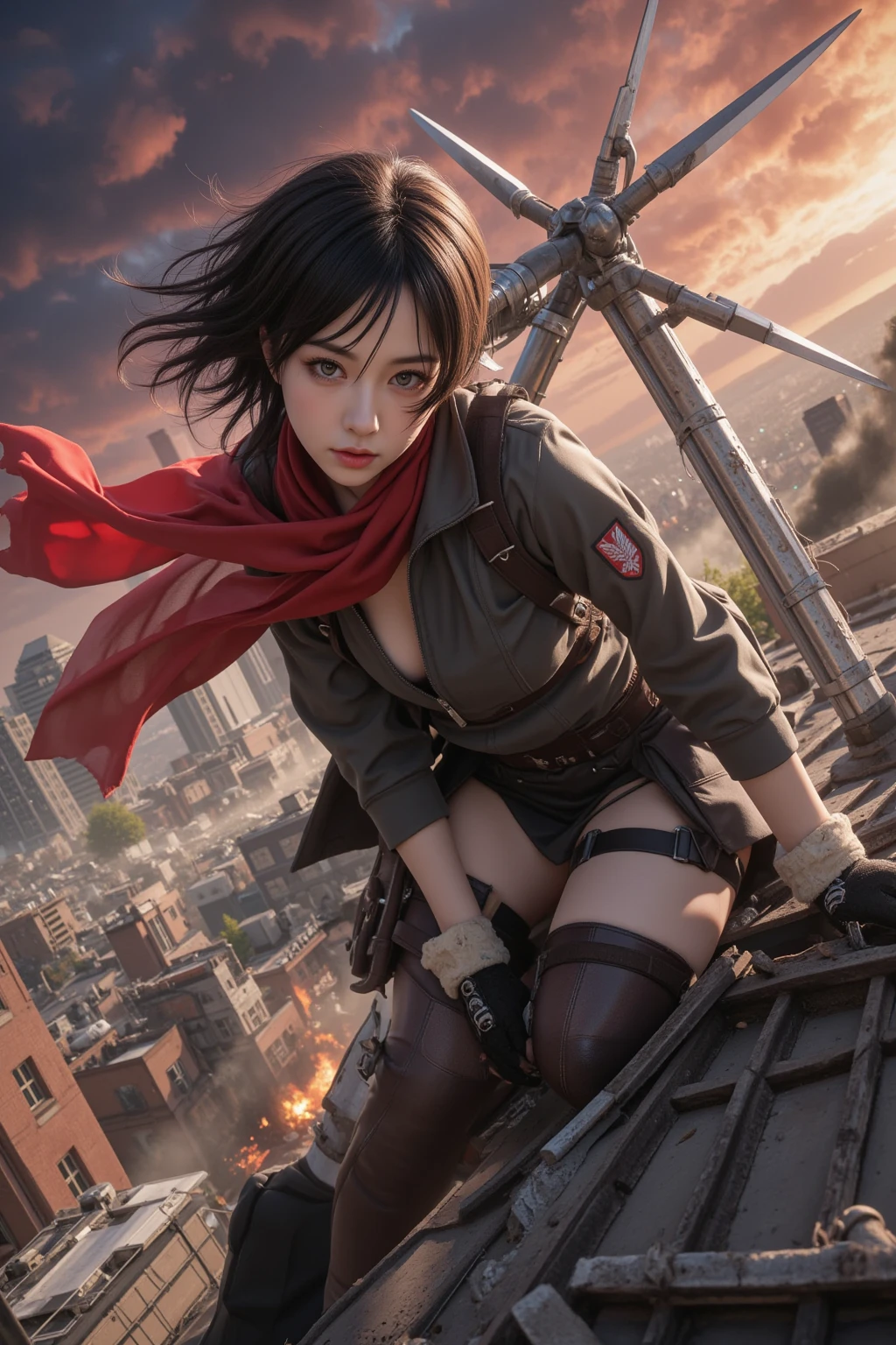 (Ultra-high quality, hyper-detailed, 8K, anime-style, cinematic lighting),
(Mikasa Ackerman:1.3, intense and determined gaze, athletic and toned physique, strong yet graceful presence),
(Short black hair, slightly tousled, framing her sharp and focused face),
(Eye color: Deep gray with piercing intensity, reflecting her unwavering resolve),
(Outfit: Survey Corps uniform, dark military jacket with the Wings of Freedom emblem, red scarf wrapped around her neck, dual vertical maneuvering gear attached to her waist),
(Accessories: ODM gear with gleaming blades, tactical gloves, gas canisters strapped to her back, durable combat boots),
(Pose: Mid-air with blades drawn, crouched on a rooftop ready to strike, gripping her scarf with a contemplative look),
### **🌏 Attack on Titan-Inspired Backgrounds**
(Background: War-torn city with crumbling buildings, towering Wall Maria, fiery battlefield under a crimson sky, high-speed chase through the air with ODM gear),
(Fantasy elements: Dust and debris swirling around, cinematic lighting casting dramatic shadows, dynamic motion blur enhancing action sequences),
(Action: Slashing through a Titan’s nape, dodging an attack mid-air, intense close-up with wind rushing past, gracefully landing on a rooftop),
(Overall mood: Dark and intense, capturing the raw emotion, courage, and tragic beauty of the Attack on Titan world)
