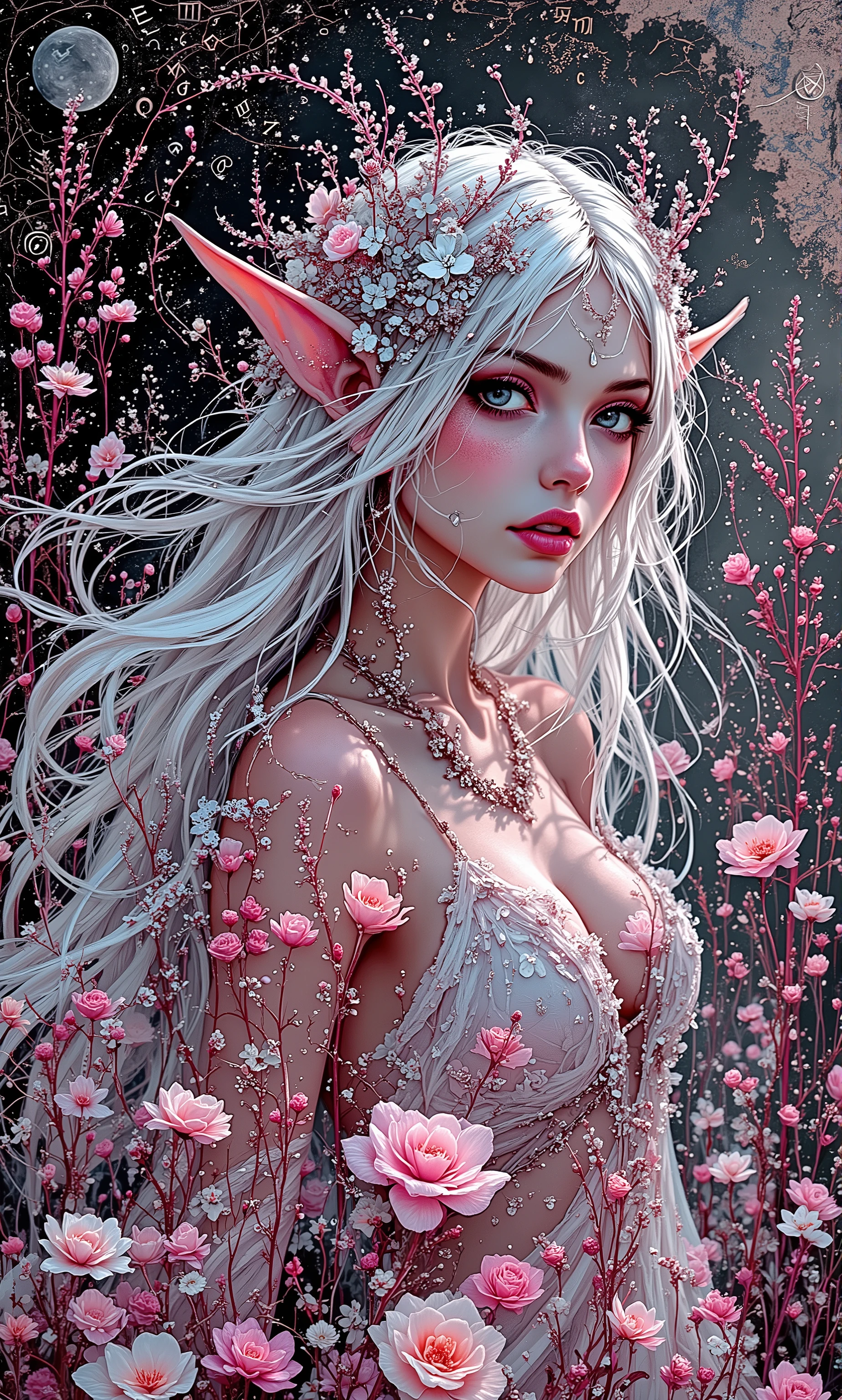 A detailed fantasy art drawing, in the style of Anna Dittmann, depicts an ethereal elven woman with elegantly pointed ears, a flowing veil, and delicate silver flowers woven into her long, wind-swept hair. She is surrounded by tall, enchanted flowers and glowing mystical grass, their petals drifting weightlessly in the air as if enchanted. Her serene expression radiates wisdom and grace. Glowing ancient runes softly hover around her, pulsing with arcane energy. The background features an ancient craquelure texture, resembling the worn pages of an old spellbook, adding depth and mystery. The color palette transitions through a mesmerizing gradient of black, pink, and white, enhancing the dreamlike atmosphere. The artwork is intricately detailed with a decoupage effect, exuding elegance and fantasy charm. --ar 9:16 --style fantasy art, detailed, Anna Dittmann, drawing, decoupage, craquelure, black, pink, white, ethereal, intricate, elegant, highly enhanced, dramatic light, sharp focus, illuminated background, divine, mystical, artistic, romantic, stunning, magical, pure, delicate, creative, flowing, shimmering, unique, scenic, enchanted, glowing.  
