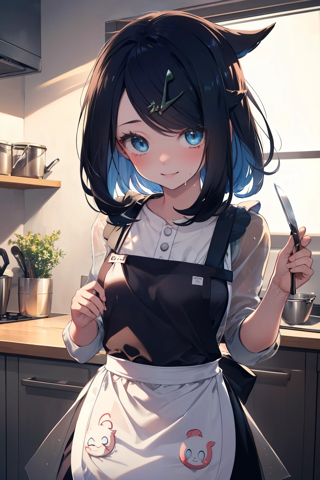 cute apron, Newly Married, Love love, (masterpiece, Highest quality, 8K ultra-high resolution:1.4), 14yo, kawaii Pokemon RikoFlash photography, Backlight, (The best smile:1.4), Knife, Written boundary depth, Dramatic portrayal, (Kitchen Background), Focus of the film, , Emotional composition, Emotional engine full throttle BREAK Young and cute, Slender body, Flat Chest, Highly detailed glossy skin,Sweat,  Perfect Pokemon Riko,(see through apron:1.8),
ultra detailed crystal eyes, Eyes like shining jewels