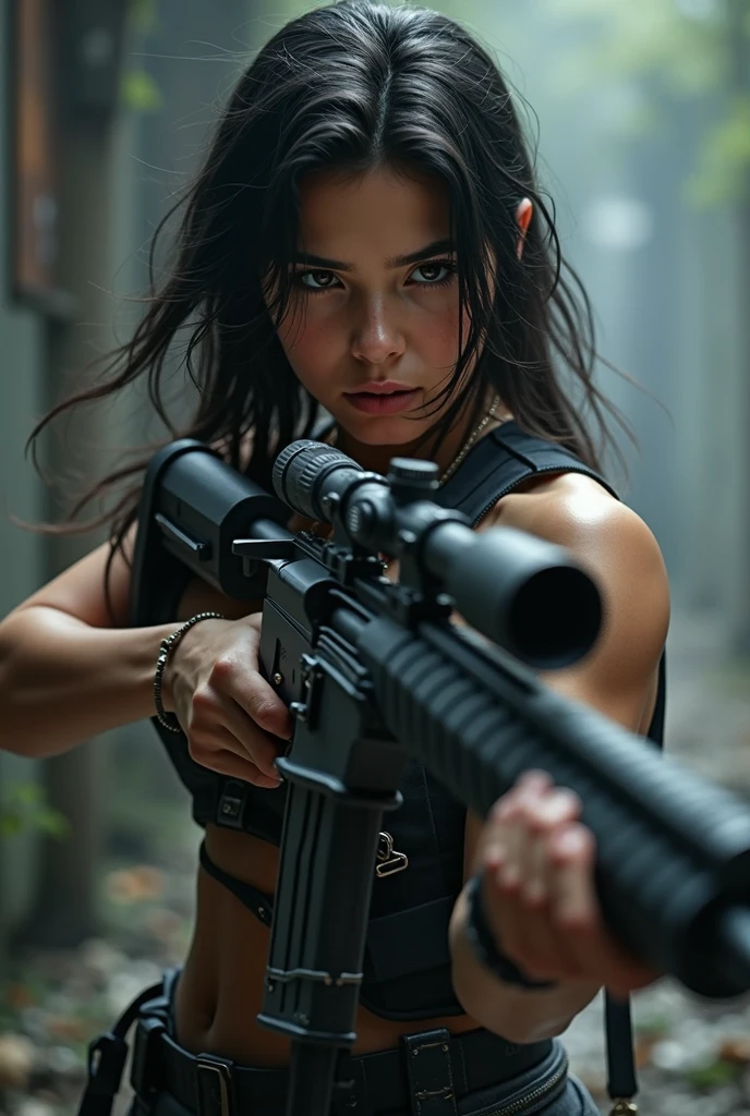 (Photorealism:1.2), sexy woman soldier, She is sitting at her desk disassembling a gun..