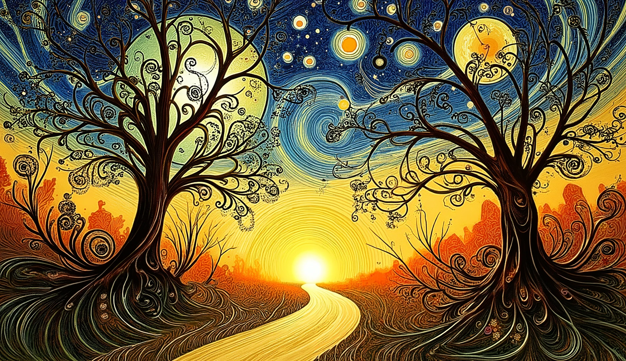 a striking night scene with a large, luminous moon surrounded by swirling patterns of stars and vibrant colors. In the foreground, two silhouetted trees with intricate branches create a dramatic contrast against the bright backdrop. A winding path leads towards a gentle glow, suggestive of a warm light in the distance, creating an inviting atmosphere. The color palette is rich and dynamic, combining deep blues, yellows, and oranges, evoking a sense of wonder and tranquility in a fantastical setting. The overall composition has a dreamy, almost magical quality, reminiscent of classic impressionist art.