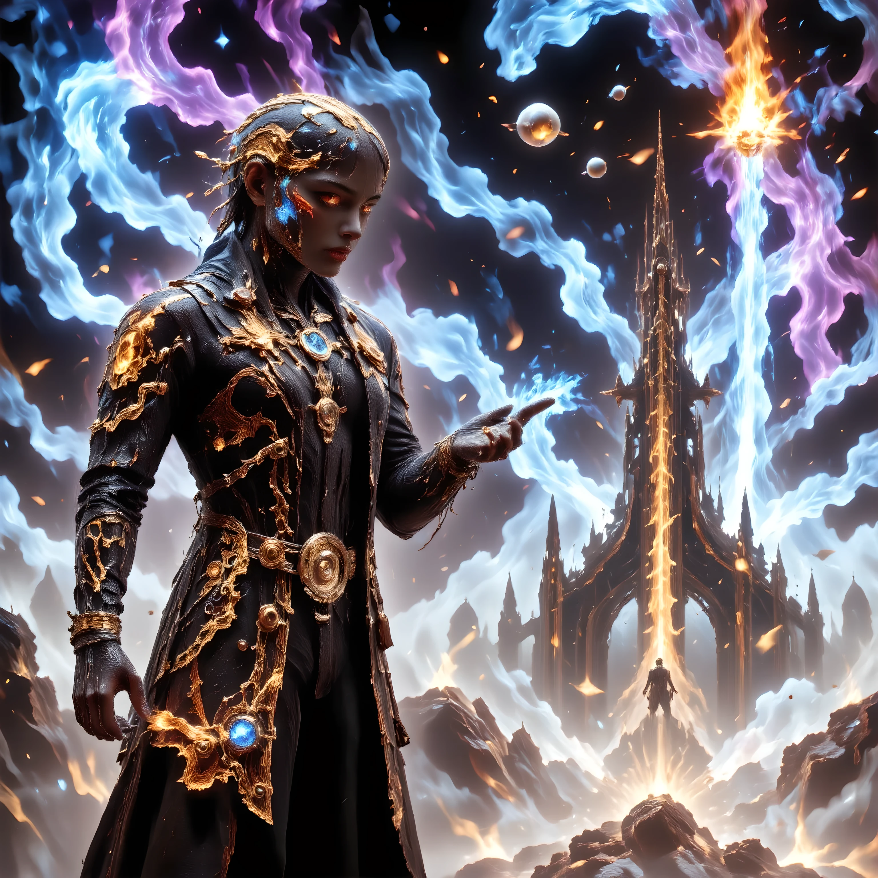 A steampunk cyborg android, intricately designed with brass and copper gears, polished silver plating, and glowing blue energy conduits, stands amidst a wondrous galaxy. The android's facial features are a blend of human and machine, with a stern expression and glowing red eyes. It wears a Victorian-inspired coat adorned with intricate engravings and a high-collared shirt, paired with leather gloves and boots. The android's posture is upright and confident, one hand resting on a futuristic weapon, the other gesturing towards a distant alien planet. The environment is a vibrant cosmic landscape, with swirling nebulae in hues of purple, blue, and gold, and distant alien spacecraft zipping through the starry void. The background features a massive, otherworldly structure, possibly an alien temple, with glowing symbols and beams of light shooting into the sky. The scene is illuminated by a soft, ethereal glow, casting dramatic shadows and highlighting the steampunk elements. The atmosphere is one of mystery and adventure, evoking a sense of wonder and exploration. The style is a blend of steampunk and futuristic sci-fi, with a focus on detailed mechanical and alien elements, creating a visually stunning and immersive experience.