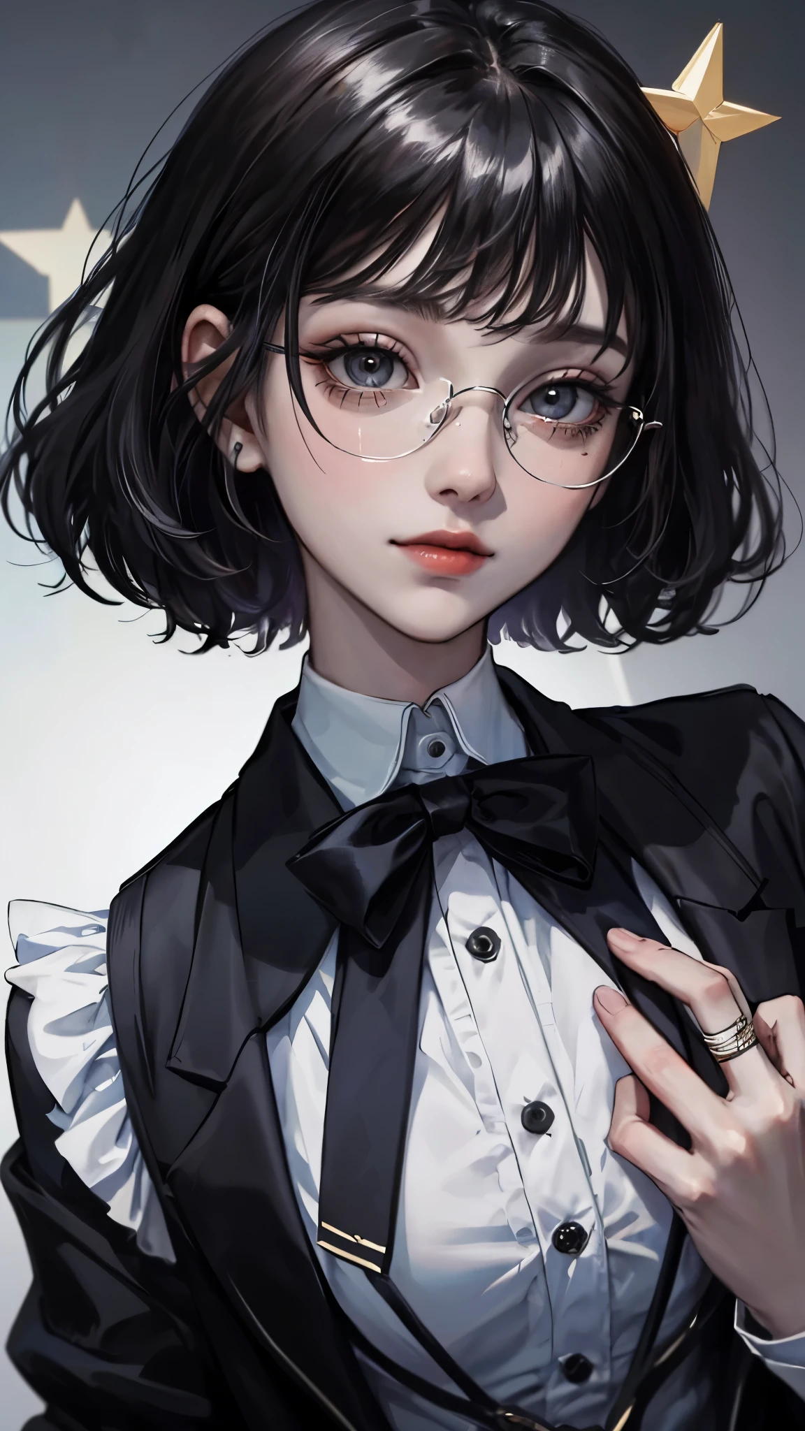 shows the face of a girl with fair skin and short, slightly wavy black hair. Straight. Wave . (She wears black glasses with a thick ) frame, giving her a smart and mysterious look. She has big eyes and fine details in her facial expressions. She appears to have some mystery and self-confidence. .
(A slight smile with a mysterious meaning )
( wearing an elegant black suit that is neatly detailed,
The jacket is a little long, with a classic but modern design, with black buttons )
She wears a formal outfit consisting of a white high-neck shirt with a bow tie decorated with a star-like ornament, in addition to an elegant black jacket. The background is slightly blurry and contains vague shapes of buildings or towers, giving the picture a classic or inspired sense of mystery.
The height of 170