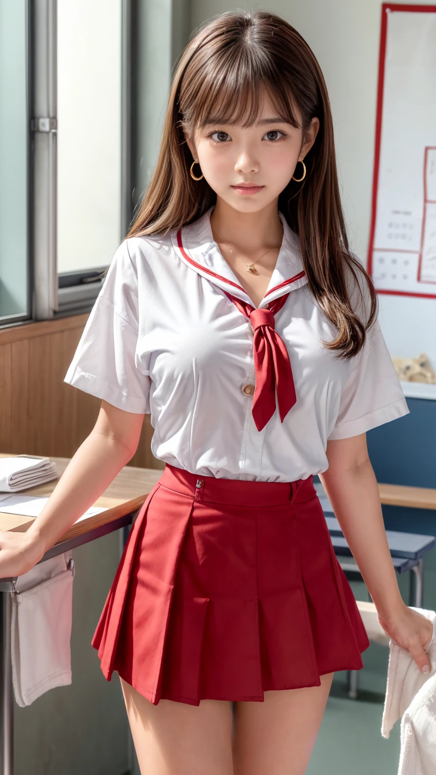 (Ultra realistic, high res), (ung girl), (extremely detailed beautiful face), Amazing face and eyes, (Best Quality:1.4), (Ultra-detailed), (extremely detailed CG unified 8k wallpaper), Highly detailed, High-definition raw color photos, Professional Photography, Realistic portrait, Amazing face and eyes, Pink eyes, (High School Uniform, Pleated mini-skirt:1.3), (High school uniform with wide open breasts:1.2), (Beautiful big breasts:1.3), Brown hair, Model, School, classroom, indoor, sitting, chair, spread legs wide open, (no panties:1.3), (((Bokeh))), depth of fields, (View from below:1.1),