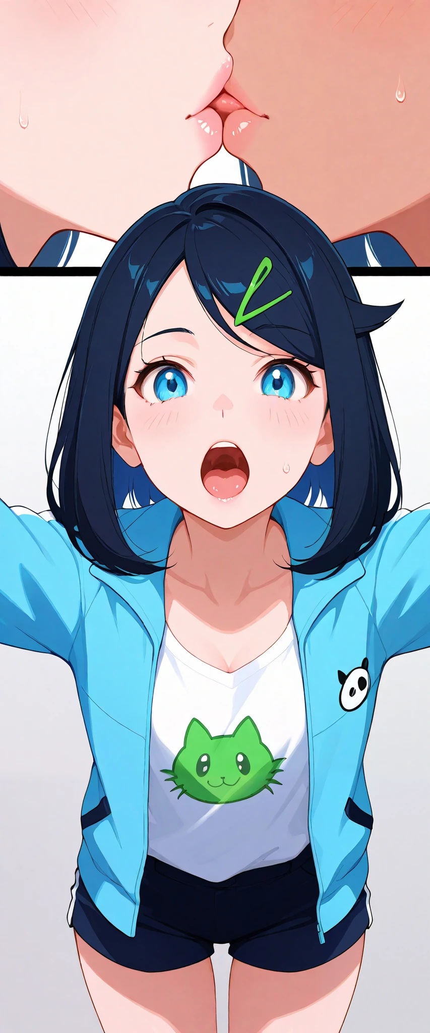 score_9, score_8_up, score_7_up, score_6_up, score_5_up, score_4_up, Ultra-realistic, Ultra-high definition, 24K, Ultra-high quality, Perfect face, Perfect lighting, (One pretty girl),liko, black hair,Beautiful clear blue eyes, white shirt, blue jacket, Wearing black shorts, Detailed eyes,green hairclip , Adult appearance, Detailed face, Detailed light blue eyes, Collarbone, Tan skin, Sexy lips, Cleavage, Sweat, Leaning forward,(Kissing the viewer), Close-up, Bold pose, Screaming, Blushed cheeks,