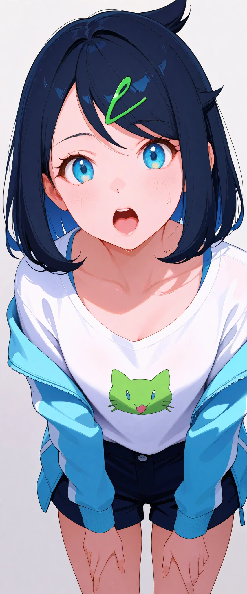score_9, score_8_up, score_7_up, score_6_up, score_5_up, score_4_up, Ultra-realistic, Ultra-high definition, 24K, Ultra-high quality, Perfect face, Perfect lighting, (One pretty girl),liko, black hair,Beautiful clear blue eyes, white shirt, blue jacket, Wearing black shorts, Detailed eyes,green hairclip , Adult appearance, Detailed face, Detailed light blue eyes, Collarbone, Tan skin, Sexy lips, Cleavage, Sweat, Leaning forward, Close-up, Bold pose, Screaming, Blushed cheeks,small breast,