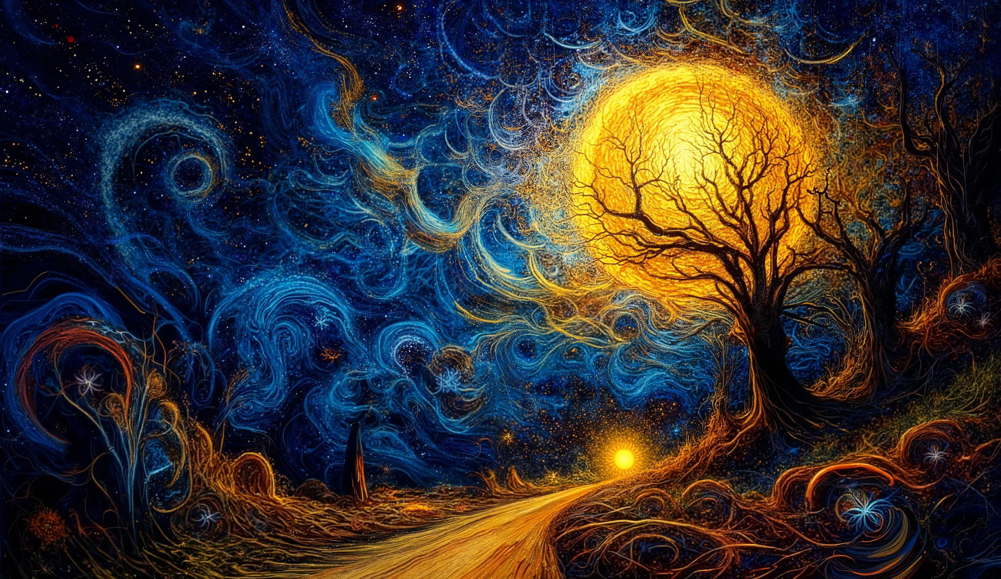 a striking night scene with a large, luminous moon surrounded by swirling patterns of stars and vibrant colors. In the foreground, silhouetted tree with intricate branches create a dramatic contrast against the bright backdrop. A winding path leads towards a gentle glow, suggestive of a warm light in the distance, creating an inviting atmosphere. The color palette is rich and dynamic, combining deep blues, yellows, and oranges, evoking a sense of wonder and tranquility in a fantastical setting. The overall composition has a dreamy, almost magical quality, reminiscent of classic impressionist art.