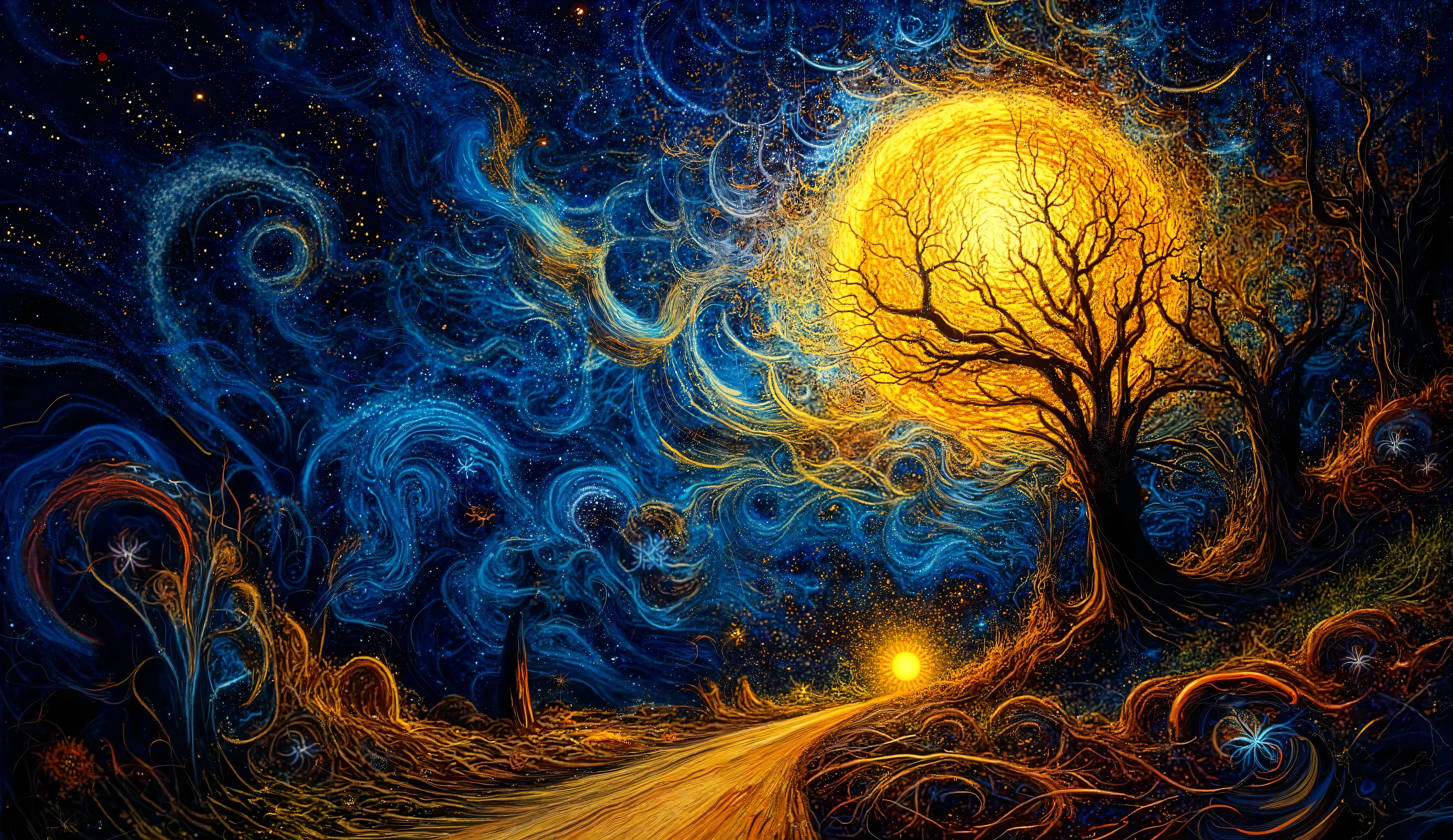 a striking night scene with a large, luminous moon surrounded by swirling patterns of stars and vibrant colors. In the foreground,  silhouetted tree with intricate branches create a dramatic contrast against the bright backdrop. A winding path leads towards a gentle glow, suggestive of a warm light in the distance, creating an inviting atmosphere. The color palette is rich and dynamic, combining deep blues, yellows, and oranges, evoking a sense of wonder and tranquility in a fantastical setting. The overall composition has a dreamy, almost magical quality, reminiscent of classic impressionist art.