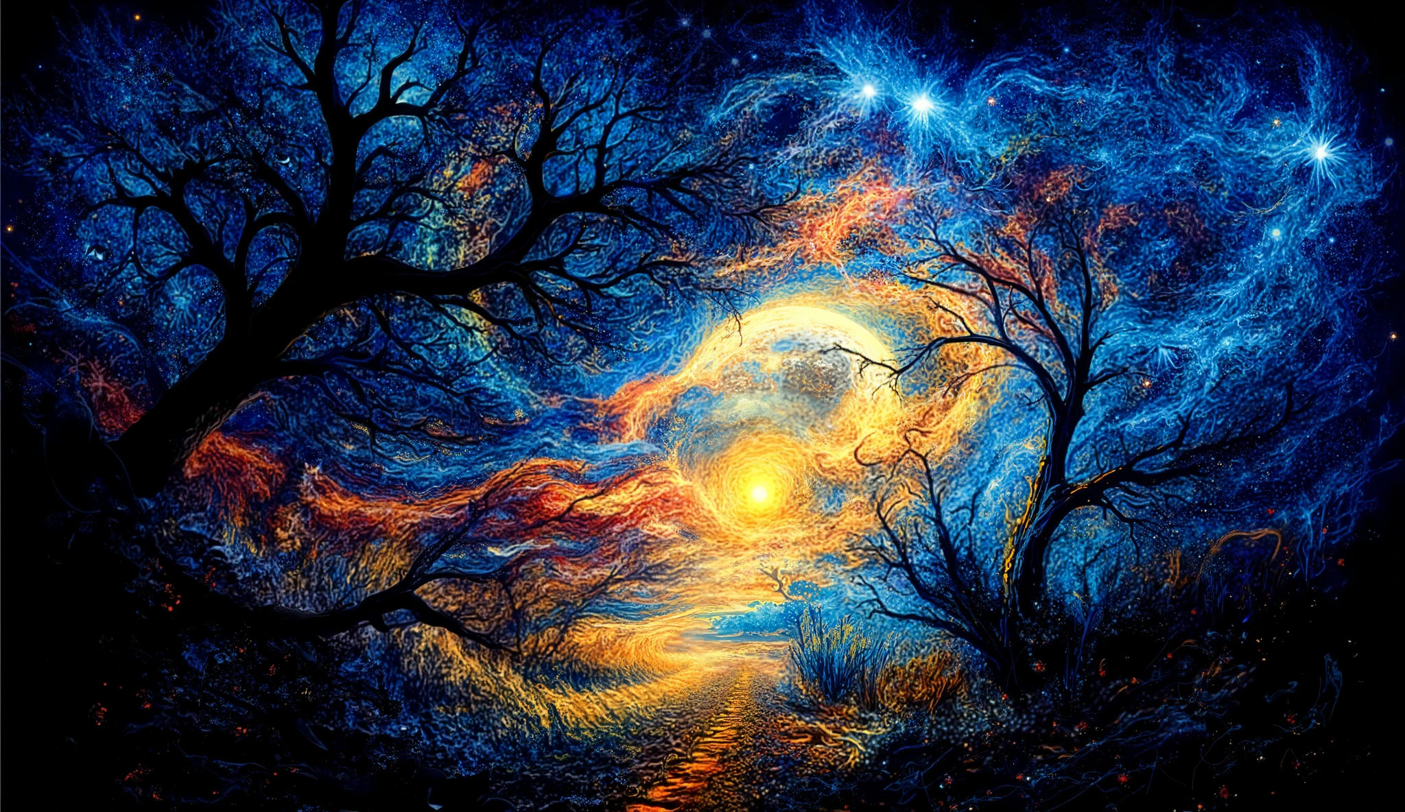 a striking night scene with a large, luminous moon surrounded by swirling patterns of stars and vibrant colors. In the foreground, silhouetted tree with intricate branches create a dramatic contrast against the bright backdrop. A winding path leads towards a gentle glow, suggestive of a warm light in the distance, creating an inviting atmosphere. The color palette is rich and dynamic, combining deep blues, yellows, and oranges, evoking a sense of wonder and tranquility in a fantastical setting. The overall composition has a dreamy, almost magical quality, reminiscent of classic impressionist art.