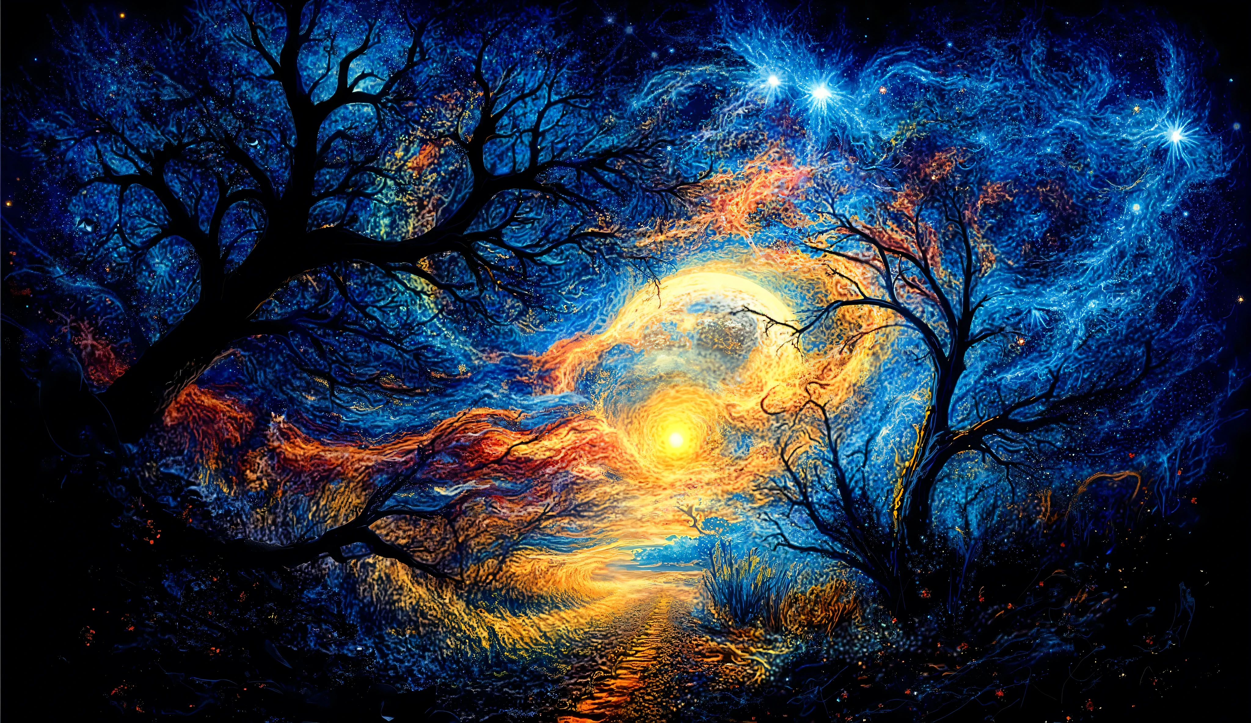 a striking night scene with a large, luminous moon surrounded by swirling patterns of stars and vibrant colors. In the foreground, silhouetted tree with intricate branches create a dramatic contrast against the bright backdrop. A winding path leads towards a gentle glow, suggestive of a warm light in the distance, creating an inviting atmosphere. The color palette is rich and dynamic, combining deep blues, yellows, and oranges, evoking a sense of wonder and tranquility in a fantastical setting. The overall composition has a dreamy, almost magical quality, reminiscent of classic impressionist art.