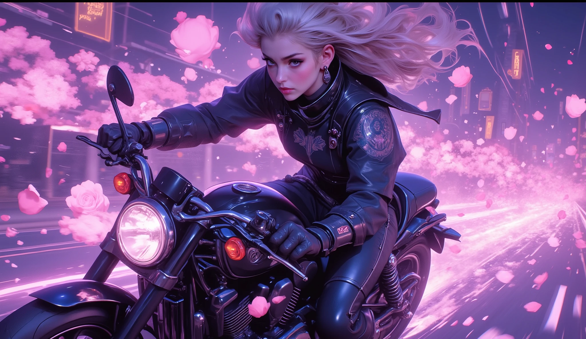 ( Masterpiece ,8 k,16 thousand.,wallpaper),(  best illustration),  A day with my gothic girlfriend ,(  woman in a gothic black biker suit ,  motorcycle riding :2.0),(  races at super high speed on a motorcycle along the road , where black roses blossomed :2.0),( gothic black motorcycle style  :2.0),(  representing superluminal speed with beautiful white lines of light :2.0),( visual effect :2.0),(  motion blur :2.0),( countless black rose petals ,  dancing in the air  :2.0),(Stylish:2.0),(  has a purple background ),(  dynamic :2.0),(  hair flutter in the wind :2.0)

