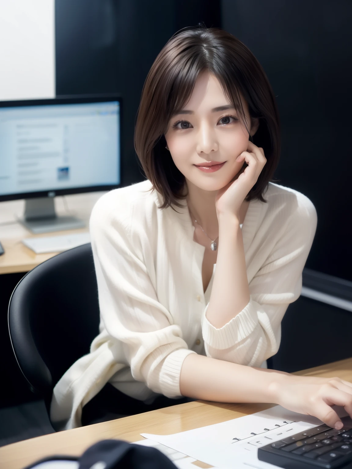 (( masterpiece))、((  top quality))、reality、 high image quality 、Married women、40 years old、 short bob、 realistic background and accessories 、 soft breasted、 captivating gaze、((Night Office、 spotlight、 dark background ))、whole body、 saggy breasts、((sit in office chair、Do computer work))、 soft long skirt、Wide angle、((I'm not looking at the viewer ))、 smiles、