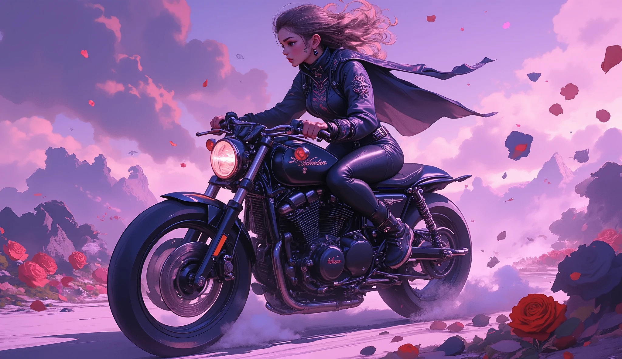 ( Masterpiece ,8 k,16 thousand.,wallpaper),( best illustration), A day with my gothic girlfriend ,( woman in a gothic black biker suit , motorcycle riding :2.0),( races at super high speed on a motorcycle along the road , where black roses blossomed :2.0),( gothic black motorcycle style :2.0),( representing superluminal speed with beautiful white lines of light :2.0),( visual effect :2.0),( motion blur :2.0),( countless black rose petals , dancing in the air :2.0),(Stylish:2.0),( has a purple background ),( dynamic :2.0),( hair flutter in the wind :2.0)