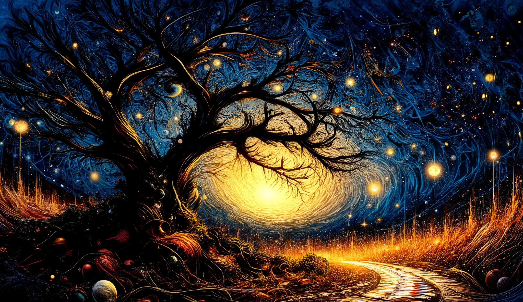 a striking night scene with a large, luminous moon surrounded by swirling patterns of stars and vibrant colors. In the foreground, silhouetted tree with intricate branches create a dramatic contrast against the bright backdrop. A winding path leads towards a gentle glow, suggestive of a warm light in the distance, creating an inviting atmosphere. The color palette is rich and dynamic, combining deep blues, yellows, and oranges, evoking a sense of wonder and tranquility in a fantastical setting. The overall composition has a dreamy, almost magical quality, reminiscent of classic impressionist art.