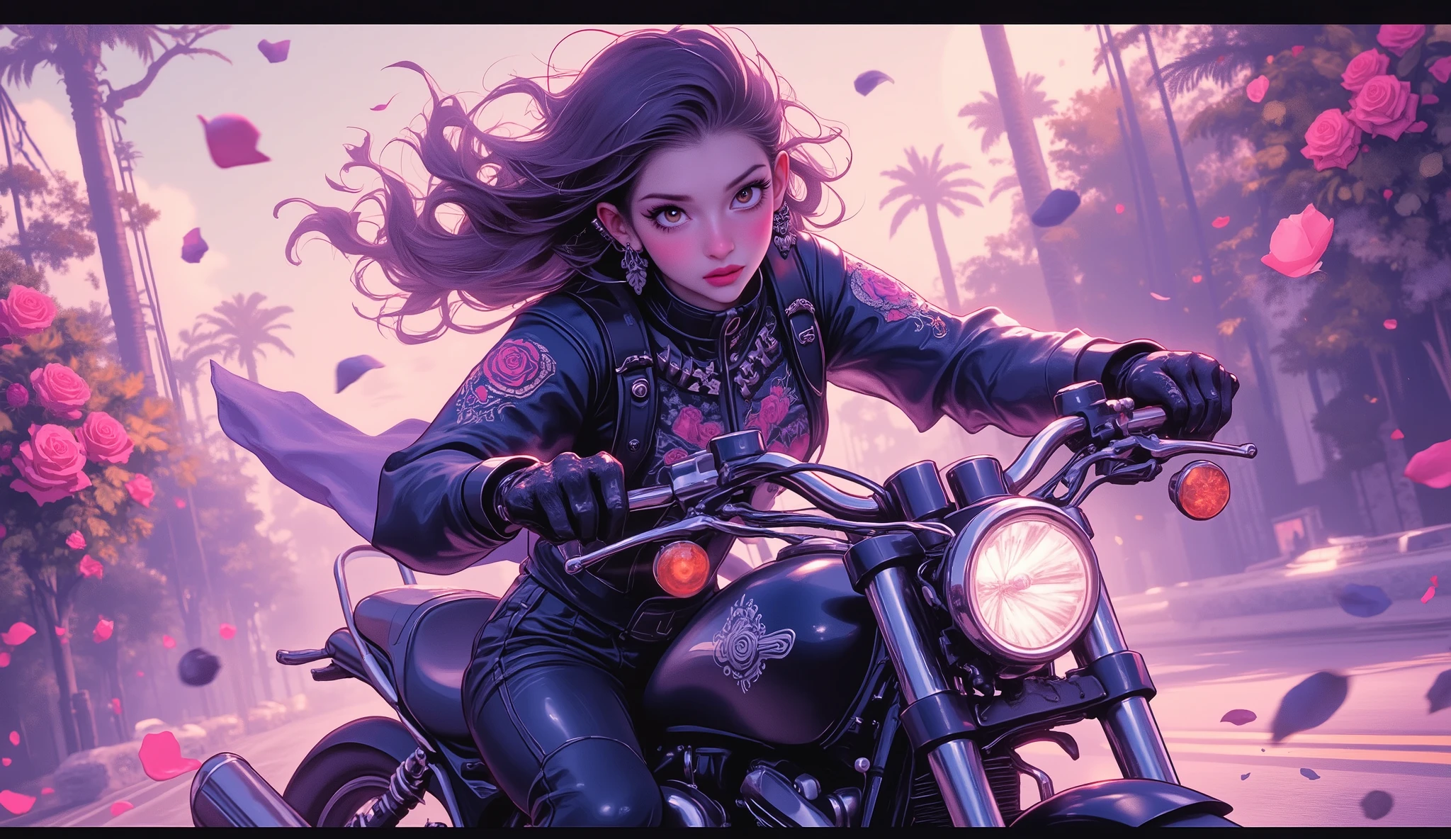 ( Masterpiece ,8 k,16 thousand.,wallpaper),( best illustration), A day with my gothic girlfriend ,( woman in a gothic black biker suit , motorcycle riding :2.0),( races at super high speed on a motorcycle along the road , where black roses blossomed :2.0),( gothic black motorcycle style :2.0),( representing superluminal speed with beautiful white lines of light :2.0),( visual effect :2.0),( motion blur :2.0),( countless black rose petals , dancing in the air :2.0),(Stylish:2.0),( has a purple background ),( dynamic :2.0),( hair flutter in the wind :2.0)