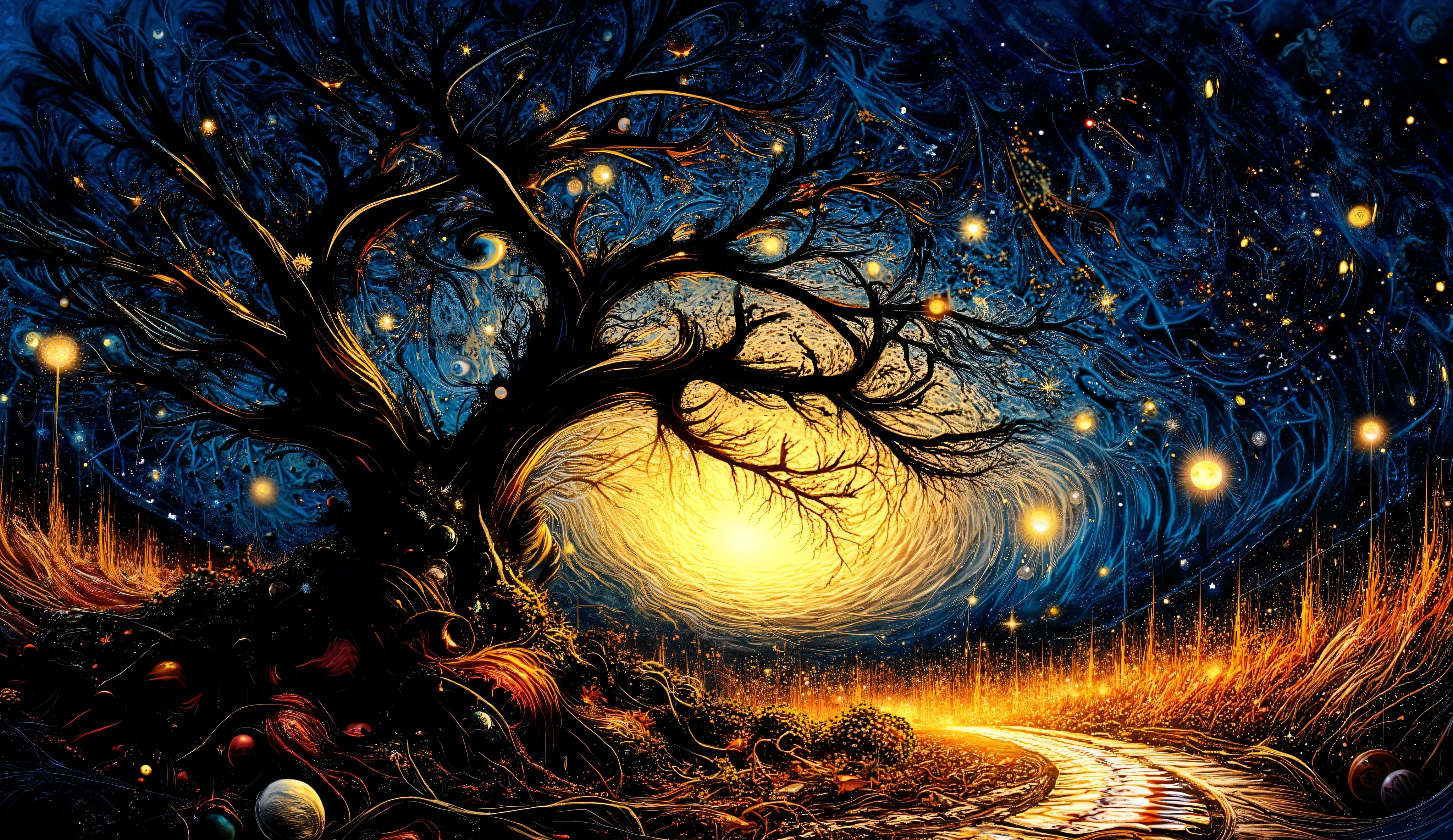 a striking night scene with a large, luminous moon surrounded by swirling patterns of stars and vibrant colors. In the foreground, silhouetted tree with intricate branches create a dramatic contrast against the bright backdrop. A winding path leads towards a gentle glow, suggestive of a warm light in the distance, creating an inviting atmosphere. The color palette is rich and dynamic, combining deep blues, yellows, and oranges, evoking a sense of wonder and tranquility in a fantastical setting. The overall composition has a dreamy, almost magical quality, reminiscent of classic impressionist art.
