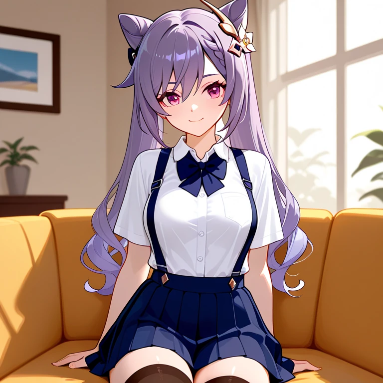 Anime girl, purple hair, long shiny hair, sparkling blue eyes, cat ears, purple uniform, blue short skirt, red shoes, cute, beautiful, shy and sexy, with a colored cat tail Violet. Sit on a chair and admire the cherry blossoms