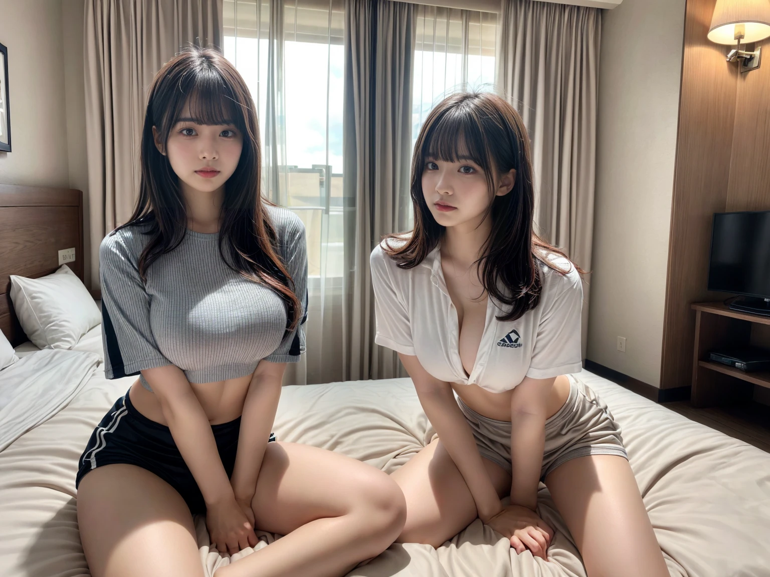 (RAW photo, 4k, masterpiece, high resolution, extremely complex) (realistic: 1.4), cinematic lighting
((2 girls)),Slam Dunk's,blushing,((innocent)),(Dark makeup),bright eyes,round eyes,blunt bangs,(straight hair:1.3),black hair,large breasts,wide hips,Summer Noon, 15 year old girl、cute type、lolita,Hot, (Best Quality), (Highres), (an Extremely Delicate and Beautiful),(Beautiful 8k face),(Brown eyes),short bob hair,( spectators),(heavy chest),(Play with each other,Touching each other's bodies,Touching the body),(School-specified gym clothes, white gym uniform, short sleeve, wine red tight bloomers, tuck in),(reality),bright lighting,(The background is a luxury hotel room)