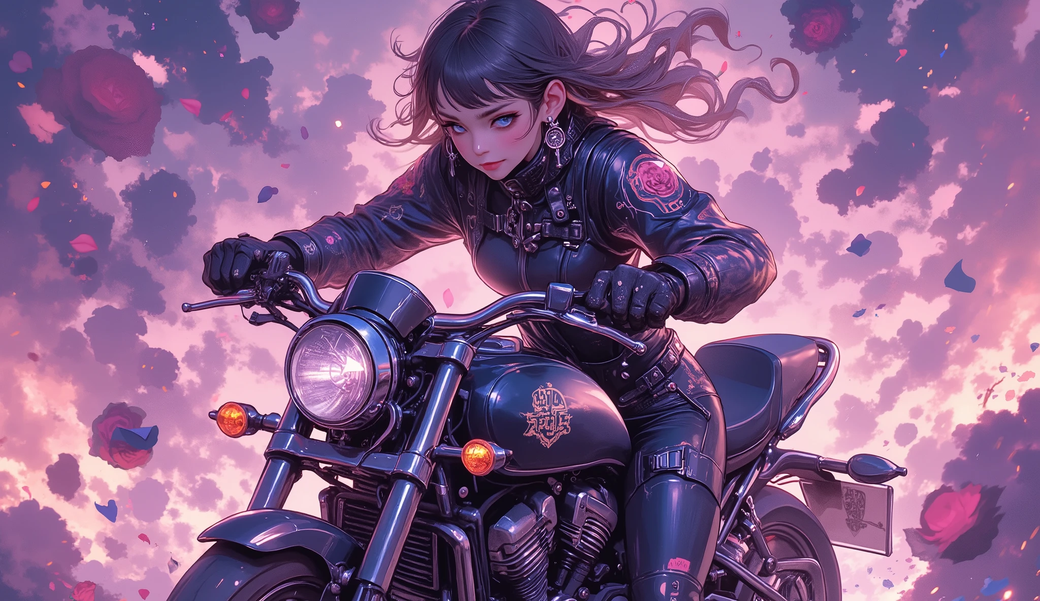 ( Masterpiece ,8 k,16 thousand.,wallpaper),( best illustration), A day with my gothic girlfriend ,( woman in a gothic black biker suit , motorcycle riding :2.0),( races at super high speed on a motorcycle along the road , where black roses blossomed :2.0),( gothic black motorcycle style :2.0),( representing superluminal speed with beautiful white lines of light :2.0),( visual effect :2.0),( motion blur :2.0),( countless black rose petals , dancing in the air :2.0),(Stylish:2.0),( has a purple background ),( dynamic :2.0),( hair flutter in the wind :2.0)