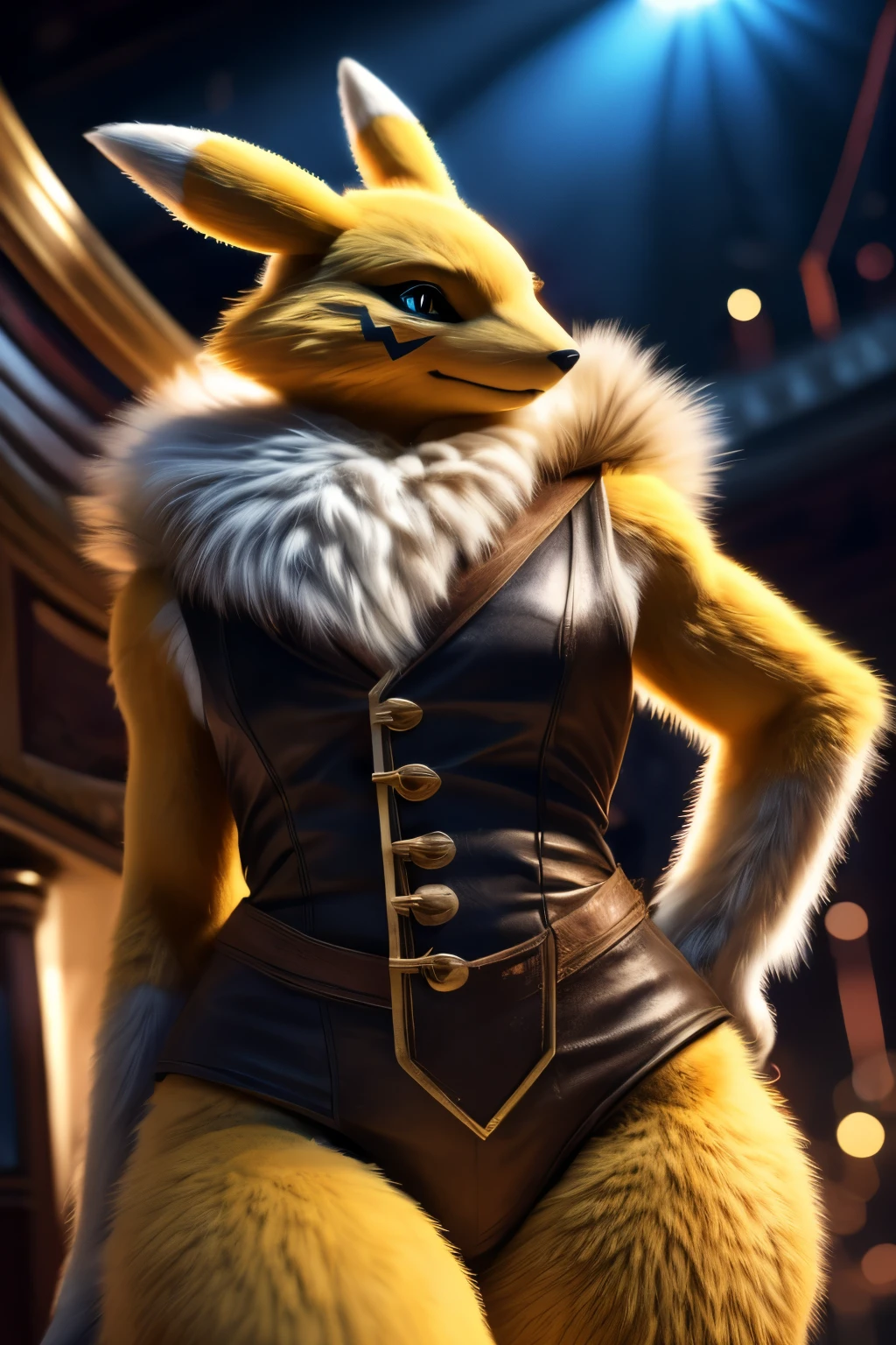 ((macro)), back, wide hips, thick thighs, Renamon, a humanoid fox digimon, stands alone in the scene. The Renamon has soft fur, which is shown in exquisite detail, highlighting its playful and vibrant facial expression and its charming, mischievous eyes. The fur has a warm, rich color, giving it a cozy and inviting appearance.
The artist creates a digital rendering of the Renamon using high-resolution techniques for the best quality image (best quality, 4k, 8k, highres, masterpiece:1.2). The artist pays extra attention to the ultra-detailed features and uses photorealistic rendering methods (realistic, photorealistic, photo-realistic:1.37) to bring the character to life.
In terms of art style, the artist combines elements of concept art and anime, blending the detailed rendering techniques of concept artists with the expressive and whimsical nature of anime. This fusion adds depth and intrigue to the image.
The color palette used in the artwork is vivid and vibrant, with warm and earthy tones dominating the scene. The colors are carefully chosen to enhance the overall atmosphere and mood, creating a visually pleasing composition.