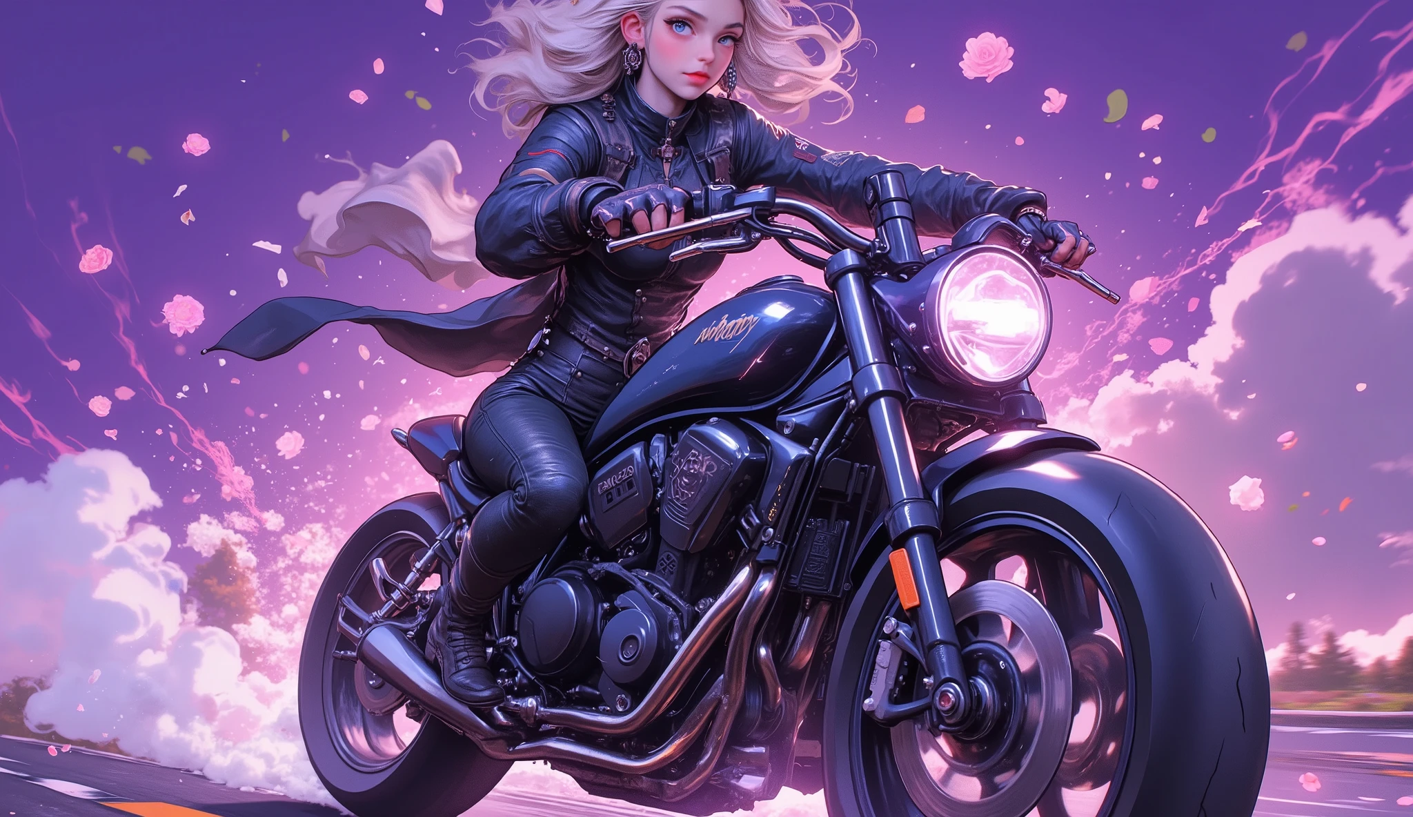 ( Masterpiece ,8 k,16 thousand.,wallpaper),(  best illustration),  A day with my gothic girlfriend ,(  woman in a gothic black biker suit ,  motorcycle riding :2.0),(  races at super high speed on a motorcycle along the road , where black roses blossomed :2.0),( gothic black motorcycle style  :2.0),(  representing superluminal speed with beautiful white lines of light :2.0),( visual effect :2.0),(  motion blur :2.0),( countless black rose petals ,  dancing in the air  :2.0),(Stylish:2.0),(  has a purple background ),(  dynamic :2.0),(  hair flutter in the wind :2.0)
