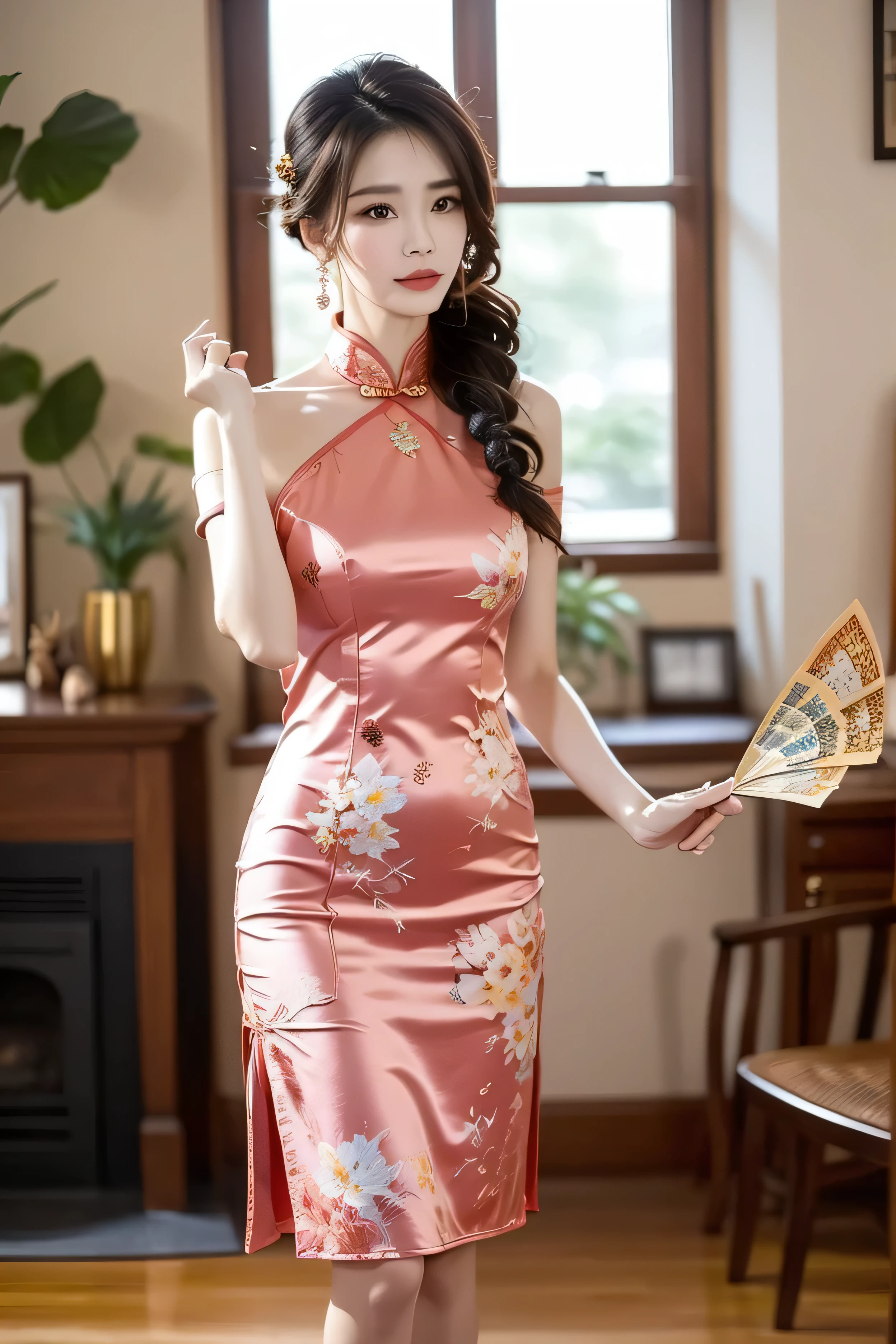 Top resolution、Top image quality、8K、1人、japanes、22year old、A slender、modeled、Glamorous、Luxury、Beautiful Large Breasts、constricted hips(Waistline emphasis)、Fluffy cheongsam((no-bra)(nipple ?????))、garterbelts、high-heels