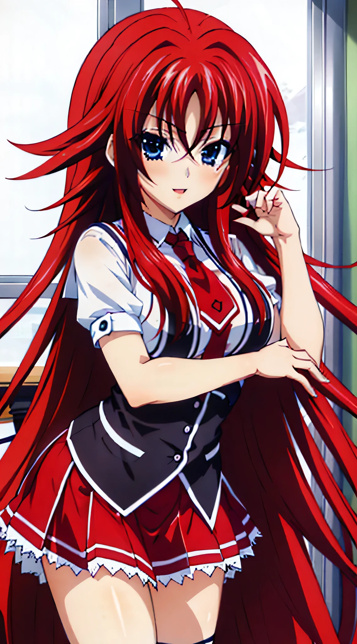 masterpiece, the best quality, rostro beautiful, extra detailed face, beautiful, detailed hair and eyes,
1 girl, red hair, long hair, choke,makeup gremory dxd, very long hair, blue eyes, big breasts,
(dxd clothes:1.4), school uniform, skirt, white shirt, ( white socks ), black boots, red skirt,
full body, of foot, mano en los pechos,
detailed background, (school classroom:1.3),