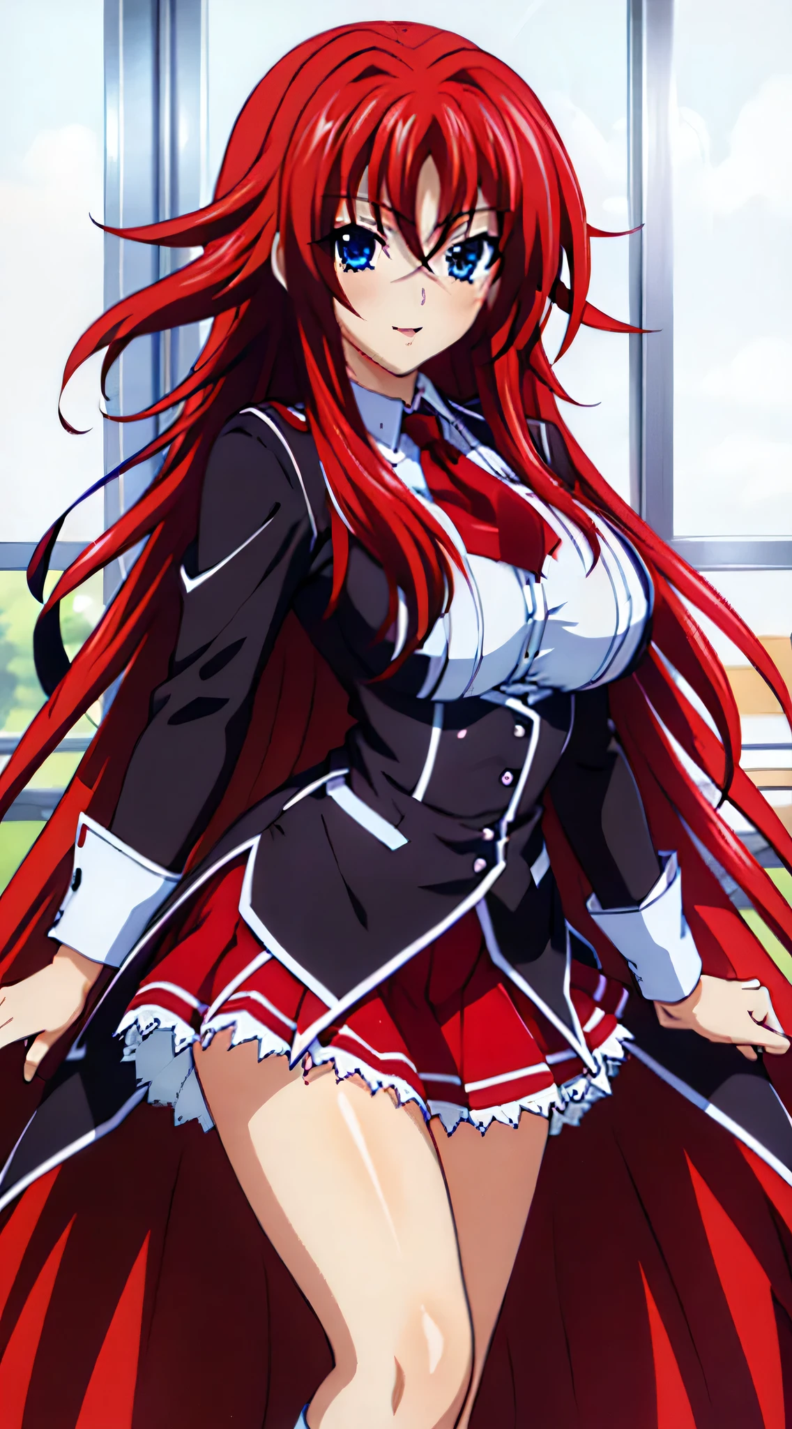 masterpiece, the best quality, rostro beautiful, extra detailed face, beautiful, detailed hair and eyes,
1 girl, red hair, long hair, choke,makeup gremory dxd, very long hair, blue eyes, big breasts,
(dxd clothes:1.4), school uniform, skirt, white shirt, ( white socks ), black boots, red skirt,
full body, of foot, mano en los pechos,
detailed background, (school classroom:1.3),