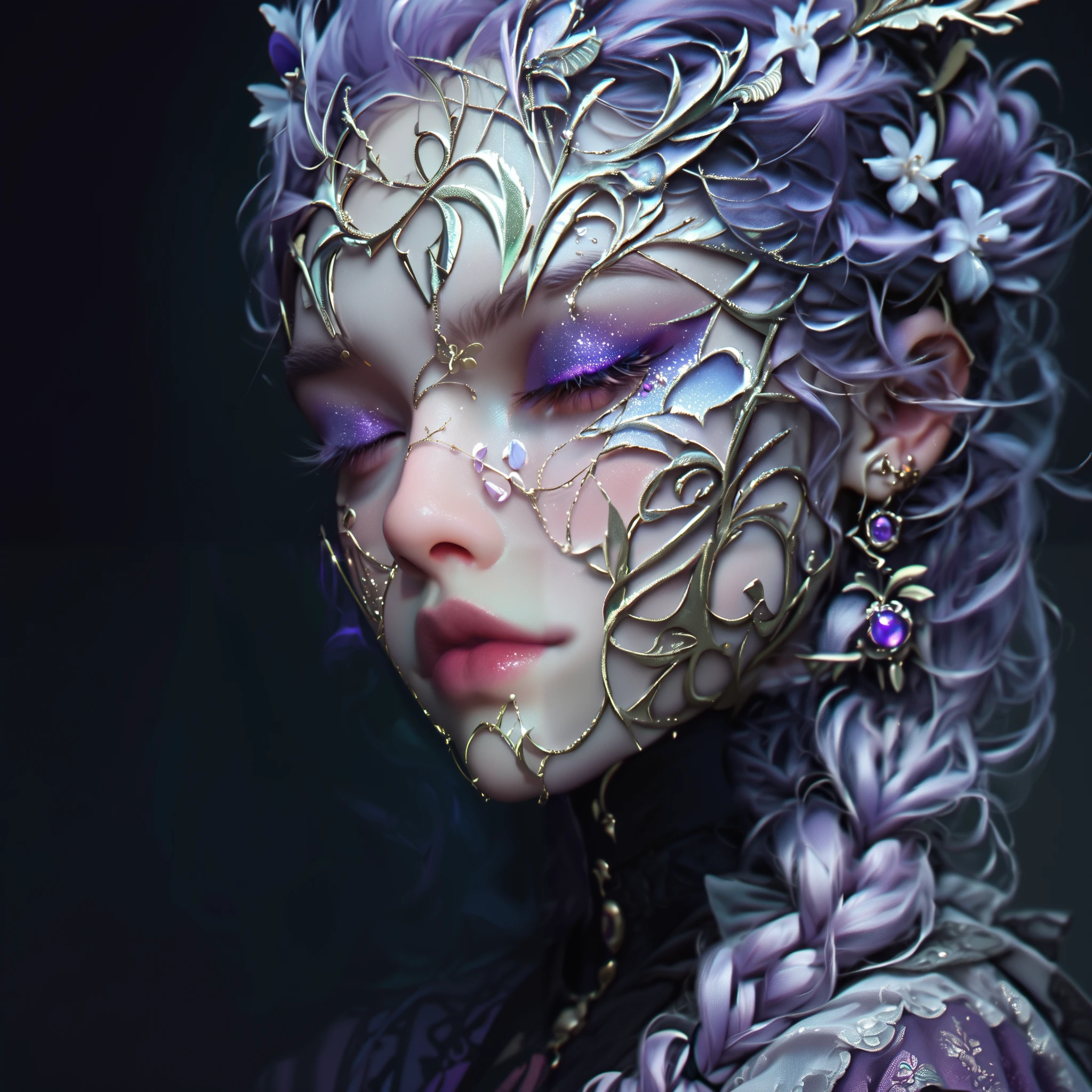 eyes closed, peaceful, purple hair