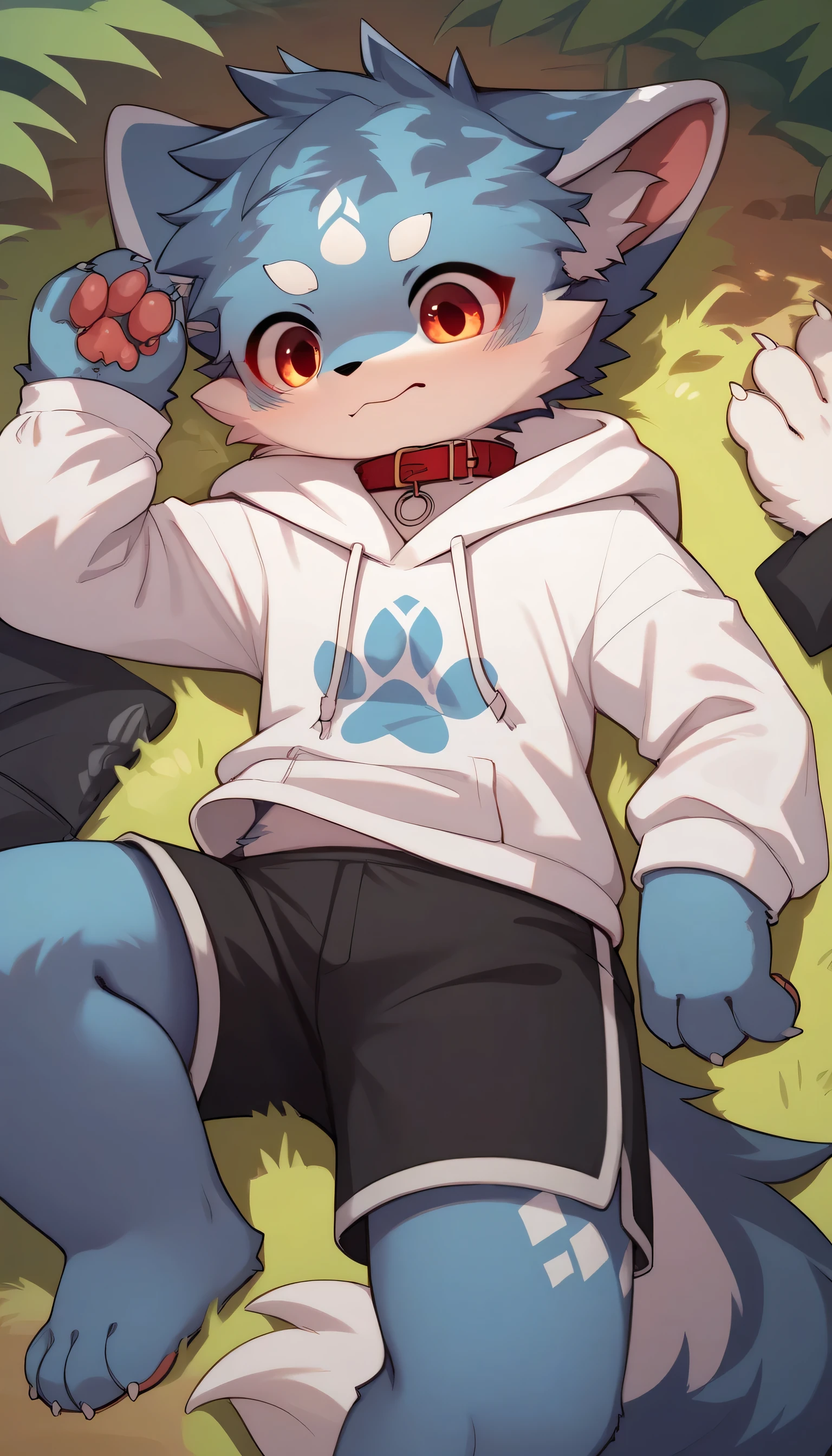 dancing happily in detail , gray hair and gray fur , blue fur , The Blue Wolf , Shemono ,Age 15,Participation, red collar fell to the floor , cute face,Female fur, fluffy fur , 3 cute furry creatures dance !Horny boy ,Forest Background, embarrassed face, cute gray fur , estrus, droopy ears,There are lots of cute furry girls! , black shorts , sweatshirt , Long Sleeve ,tendency,
