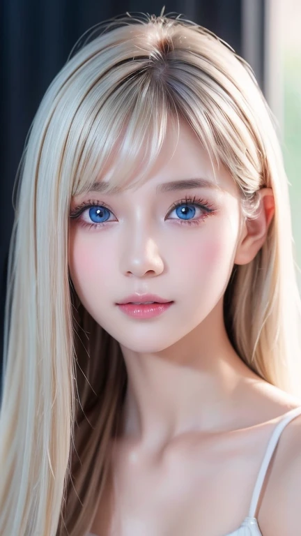 Highest quality、masterpiece、(Realistic:1.4)、One very beautiful blonde girl、Dazzlingly long, super long straight silky platinum blonde、Bangs between the eyes、bangs on the face、Big, very bright light blue eyes that shine so beautifully、Very big eyes、front、Detailed face、Beautiful Eyes、Very white and bright, beautiful skin、Small Face Beauty、14 year old beautiful girl、Cheek gloss highlighter、Round face