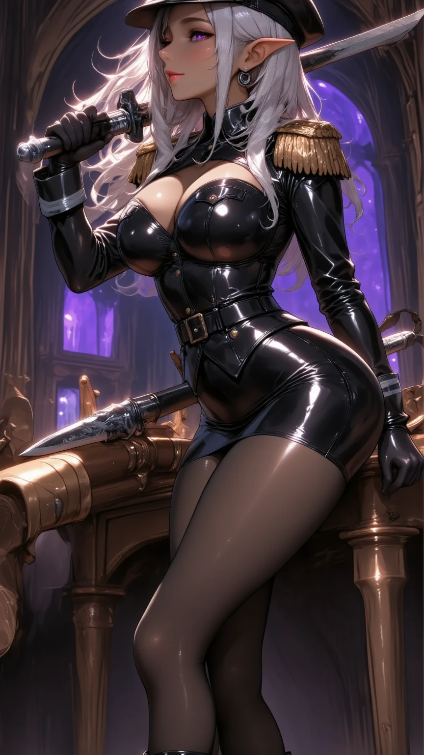 (4k, Prominence in Masterpiece, High Quality, Best Quality: 1.2) full body, 1 child female, solo, 1 girl, lustful smirking smile blush, looking at viewer, sitting on chair with legs crossed, big black thighs stocking, big breasts (cover with blue) ((SFW)), hands on hips, wide hips, blonde long hair, blonde drill hair, blonde twin drills hair, blue wizard hat, Handcuffs on their hands, With a collar around the neck