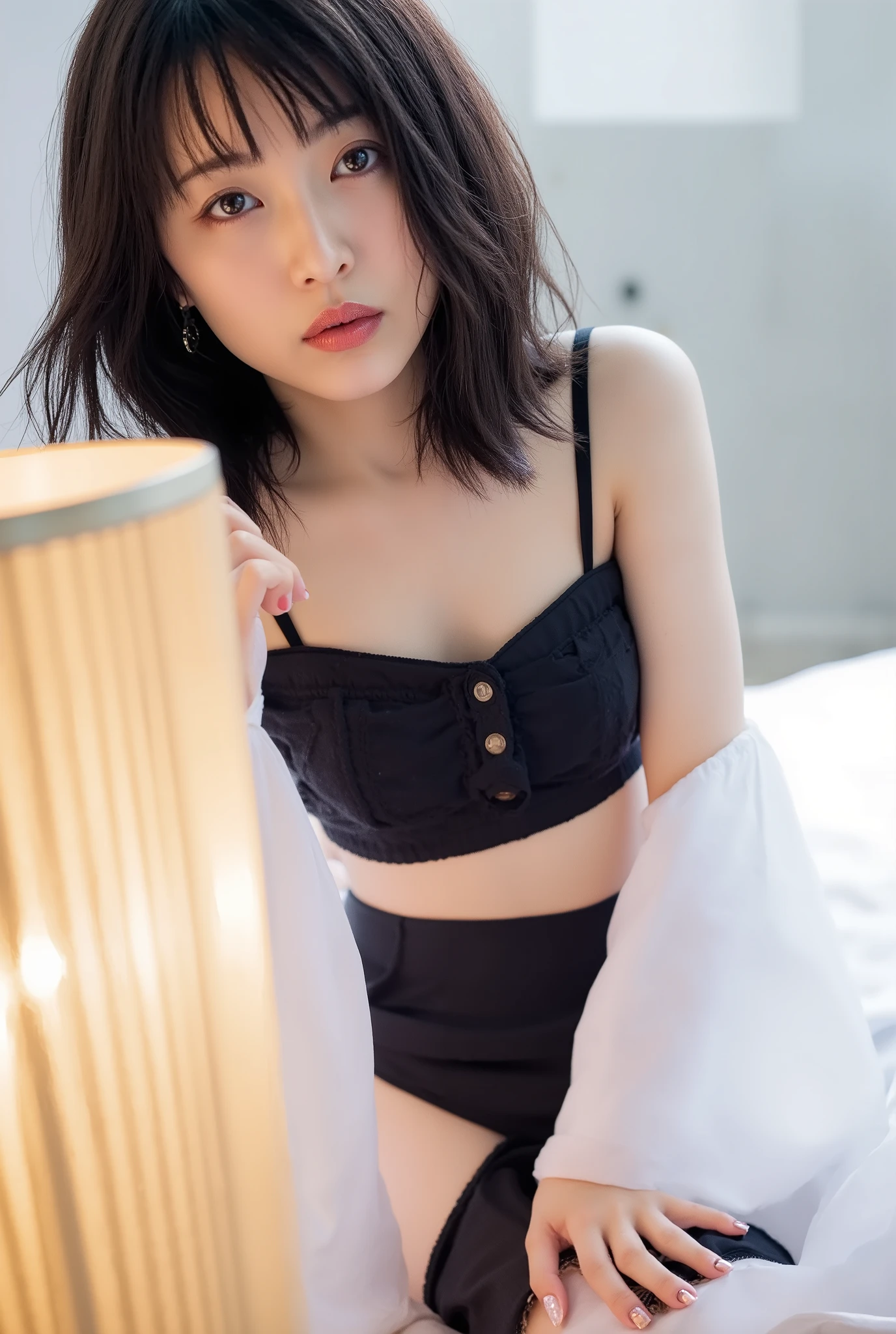 A woman with a proud expression,tight black off-the-shoulder, The lower body is wearing black tights, Show me the soles of my feet, Full body view