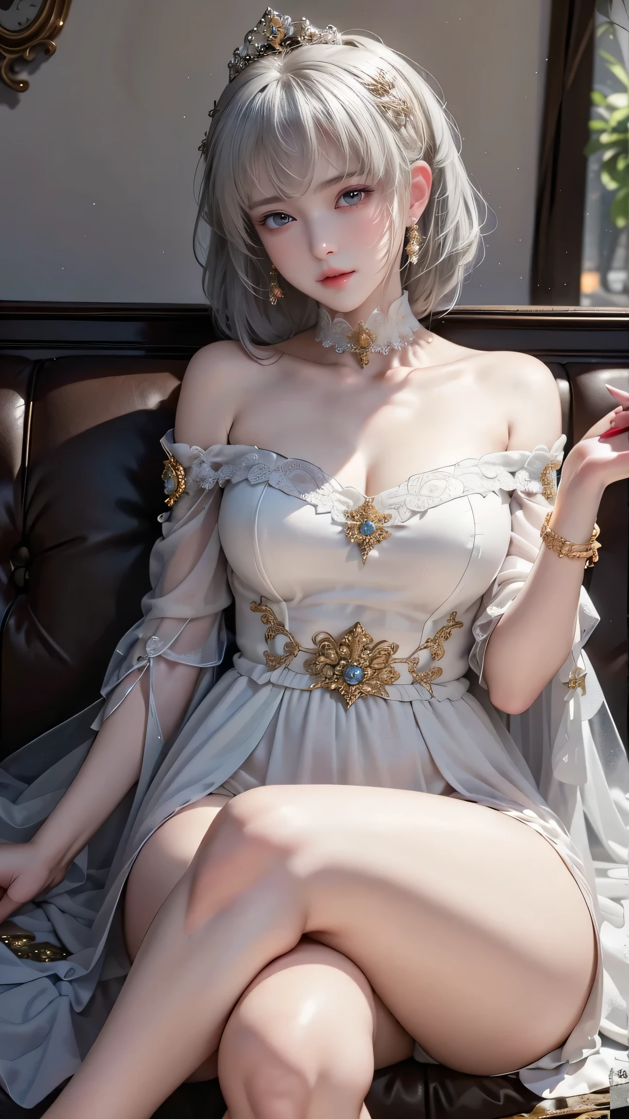 (circuit、 stands in front of the car ))、(( One Shoulder Black Leather Pant Suit ))、(( Black Leather Tight Miniskirt ))、(( Woman Trying to Sit in a Car ))、(( Seated Legs )) , high quality work 、Live-action film、 Ultra Premium Graphics 、8K HD CG works、 High Quality Graphics 、High-definition CGワークス、10 timesピクセル、 Ultra Fine Details :1、 2,3,4,5,6,7,8,10 times。High-definition CG、10 timesピクセル、 Ultra Fine Details :1. 1,advanced technology:1. 1.Photoreal, natural light:1. 5、( Golden White Short Hair )、( sports car)( bob hair)、Thin eyebrows、high nose、Beautiful red lips、Rose Cheek、Casual makeup face、 cute face、 Perfectly Balanced Face 、 Light Tone Foundation 。 Foundation that enhances skin transparency。((mix4、 Race Queen)40k、 photos、 pancakes that have been half eaten are on 、( girl sitting on the sofa in the castle's large hall)、 beauty、one personの女の子、one person、 long hair、Viewer、smile、 blue eyes、 hair ornament、、gem、Gray Hair、 close your mouth、 Dull bangs、Manicure、 bracelet 、lips、 gray eyes、 portrait、Red nails、close、Red lips、 holding hands on face 、 Place your hand on your cheek、()、(Glowing Skin)、(( European castles are hazy ))、( off-the-shoulder white dress with a floral pattern )、((Girl with legs spread slightly ))、( legs are spread out )、(( white panties are visible ))、