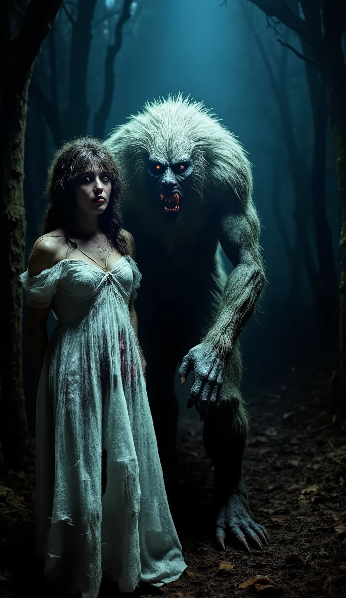 A mystical night scene in an eerie forest with damp ground and scattered puddles reflecting the moonlight. A beautiful angelic brunette woman with delicate features and a serene expression stands gracefully, her flowing dress blending into the mist. Facing her is a towering white werewolf with piercing eyes, a deep crimson scar slashing across one of them. His fur is illuminated by the moonlight, revealing a blend of menace and sorrow. The tension in the air is palpable, a moment frozen between beauty and the beast, set in a haunting yet mesmerizing environment. Ultra-realistic, cinematic lighting, dramatic atmosphere.