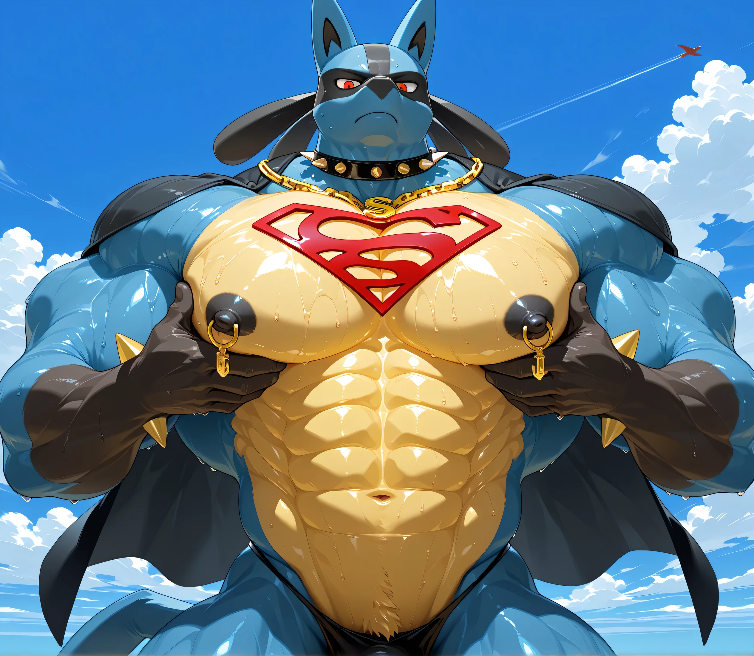 kemono, by null-ghost, by zixiong, solo, male, tail, Lucario, anthro, black nipples, big nipples, gold nipple rings, sweaty, handsome, broad shoulders, black thong, broad chest, huge muscular, posing, bedroom eyes, thick neck, thick arms, grabbing pectorals, serious, flying in the sky, clouds, wearing gold chains around neck, wearing a spiked collar on his neck, wearing superman outfit, superman symbol on center of chest, black cape, detailed background, looking at viewer, sweaty, low view, front view, close shot of chest and face, body fills frame, BREAK score_9_up,score_8_up,score_7_up,score_6_up,score_5_up,score_4_up
