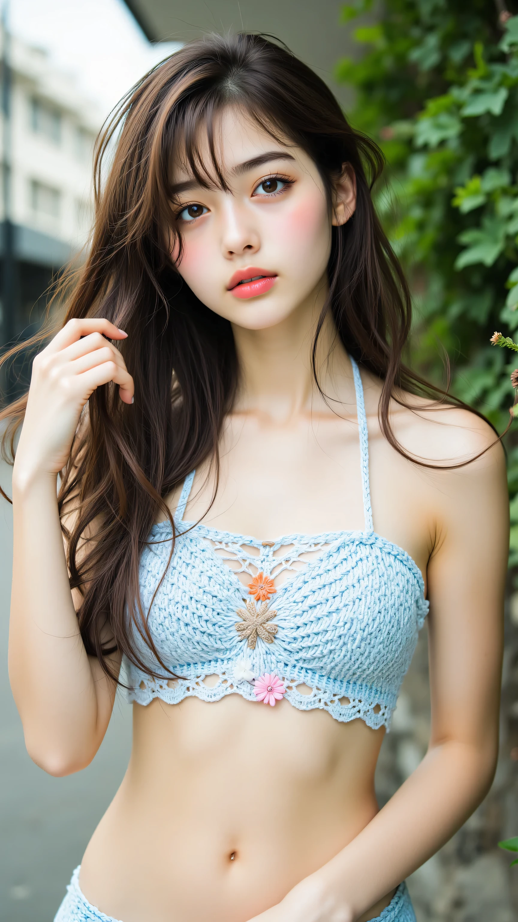 Close-up of a woman taking a photo、The most beautiful Japanese models、(8-year-old female model:1.5)、(young、Round face、Kind Face:1.25)、Droopy eyes、double eyelid、bangs、Black Hair、short hair、Straight hair、No makeup、(Knitted Products、Tube top:1.5)、(Super cute idol face:1.4)、(Slim Beauty、length, Thin neck、Narrow shoulders、Small shoulders、Thin arms、Thin Belly、delicate)、(belly button、おbelly button)、Waistline、sexy、Beautiful breasts、Shining Breasts、Cleavage、(Ultra Micro High Leg Shorts、Tight shorts、high-waisted shorts、Boomerang Shorts、T-back-like shorts)、Face Focus、Looking into the camera、hot gaze、(RAW Photos、Highest quality、masterpiece、Ultra-high resolution、Ultra-high resolution、8K、Genuine)、From the side、Pose with wriggling hips、forward leaning posture、Bend your waist、Field、Good weather、Daytime、nature、