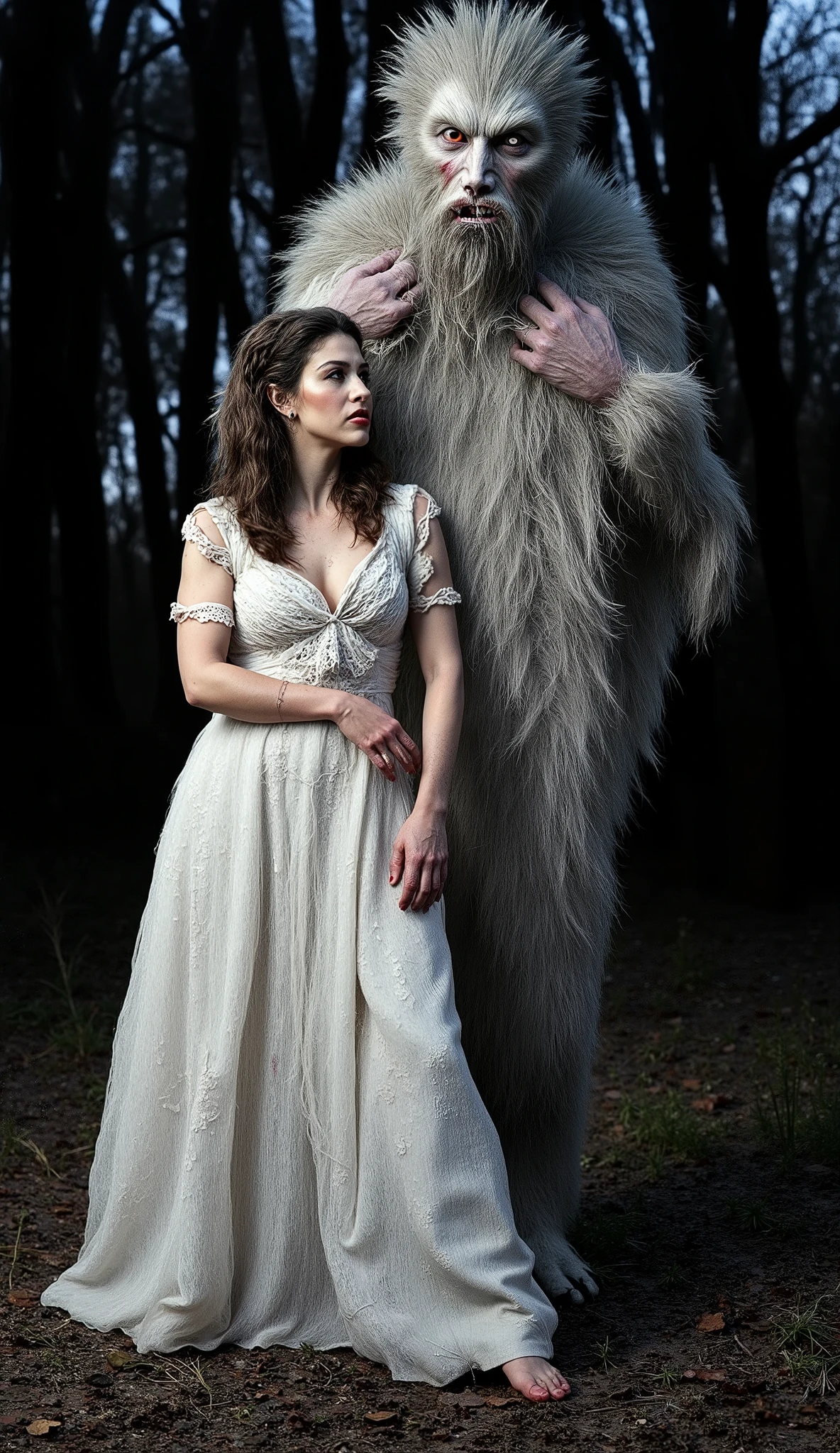 A mystical night scene in an eerie forest with damp ground and scattered puddles reflecting the moonlight. A beautiful angelic brunette woman with delicate features and a serene expression stands gracefully, her flowing dress blending into the mist. Facing her is a towering white werewolf with piercing eyes, a deep crimson scar slashing across one of them. His fur is illuminated by the moonlight, revealing a blend of menace and sorrow. The tension in the air is palpable, a moment frozen between beauty and the beast, set in a haunting yet mesmerizing environment. Ultra-realistic, cinematic lighting, dramatic atmosphere.