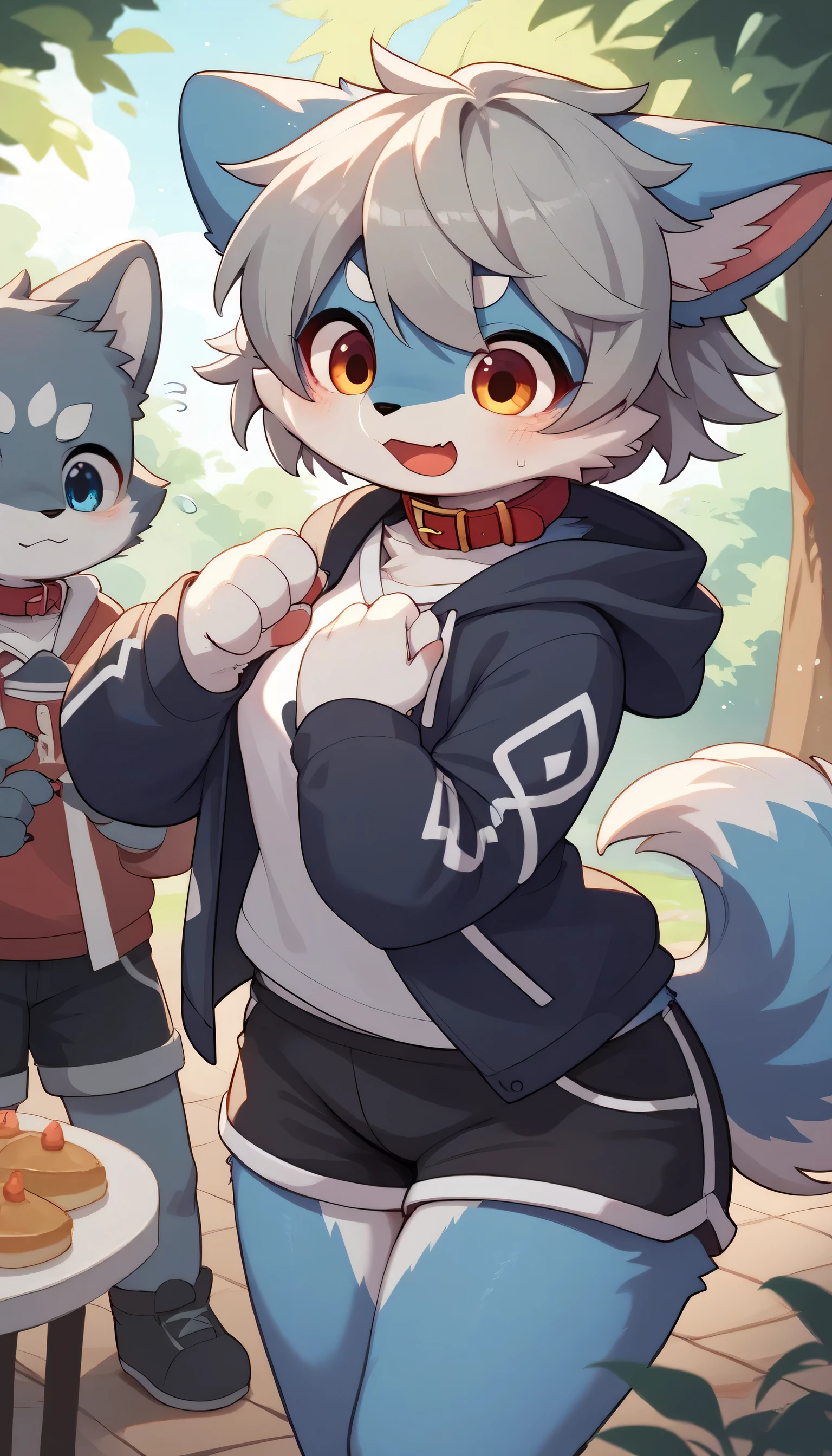    dancing happily in detail , gray hair and gray fur  ,   blue fur  , The Blue Wolf ,  Shemono  ,,Participation,  red collar fell to the floor ,   cute face,Female fur, fluffy fur  , 3 cute furry creatures dance  ！Horny boy ,Forest Background,   embarrassed face, cute gray fur  ,  estrus,  droopy ears,There are lots of cute furry girls！ ,  black shorts  ,   sweatshirt ,   Long Sleeve ,tendency,
