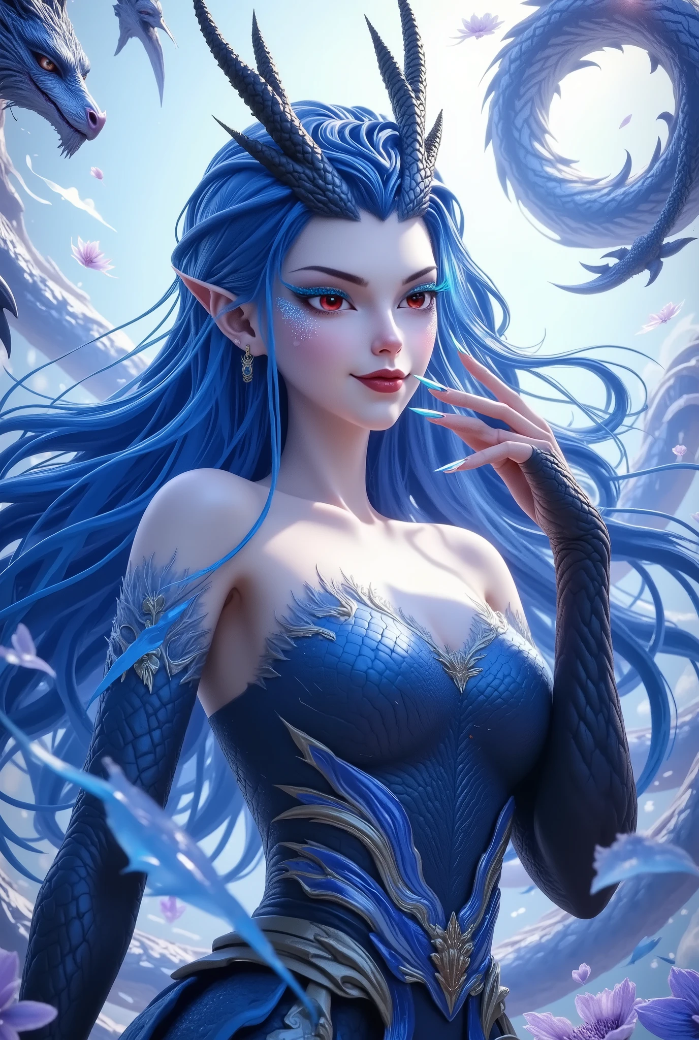  Noble and Elegant Dragon Princess，She will freeze magic， red eyes，Blue eyelashes，Dragon Horn。Prefer blue clothes。Dragon in the air。crystal darts，Examples of luminescence， ray tracing，Motion Capture。 Disney-style ，IG Model，Blue Elf,  Detailed Fantasy Art  ,  Fantasy Art Style,  Intricate Fantastic Digital Art 