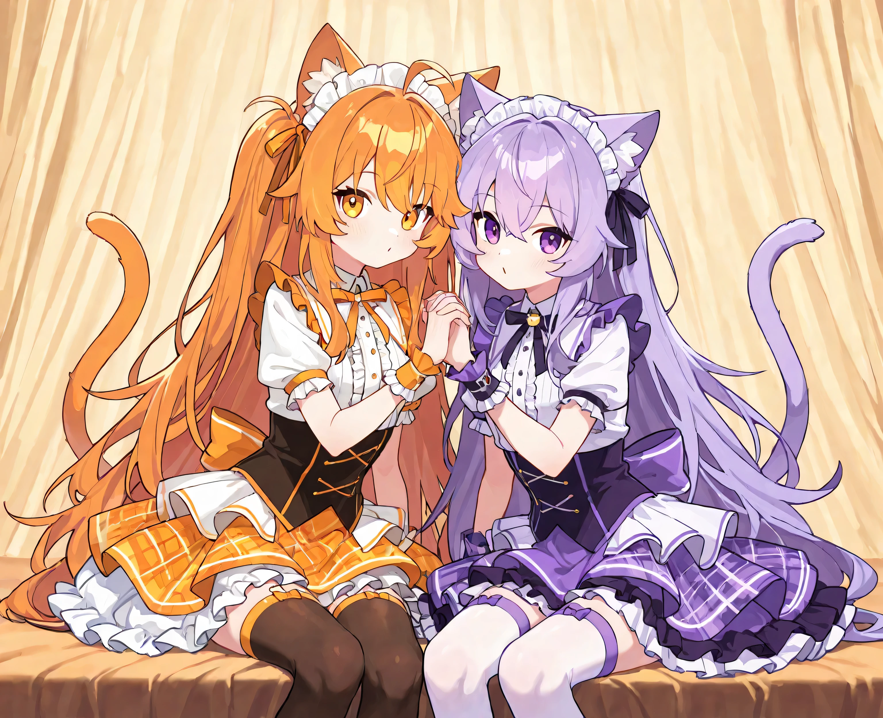 (лучшее качество, шедевр, высокое разрешение), two cat girls with ears and tails. They're sitting next to each other. Both have long hair, are very short (e), and they have pretty faces (cute). One has yellow-orange hair, yellow-orange eyes, and a yellow-orange idol costume with stockings. The other has purple hair, purple eyes, and a purple idol costume with stockings. They're holding each other's hands.