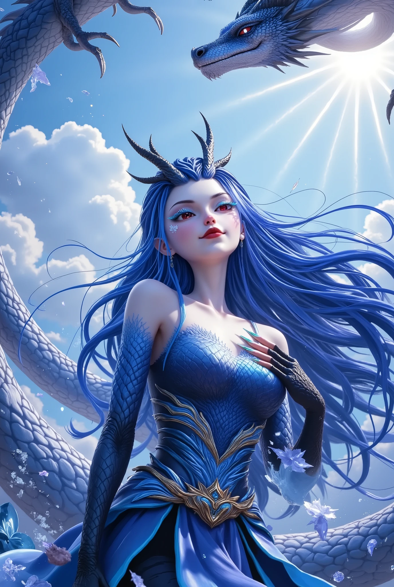  Noble and Elegant Dragon Princess，She will freeze magic， red eyes，Blue eyelashes，dragon horn。Prefer blue clothes。Dragon in the air。crystal darts，Examples of luminescence， ray tracing，Motion Capture。 Disney-style ，The AI model，Blue Elf,  Detailed Fantasy Art  ,  Fantasy art style,  Intricate Fantastic Digital Art ， huge chest ， reveals breasts， exposing chest， reveals breasts， exposing chest， exposing chest， reveals breasts， exposing chest， reveals breasts，