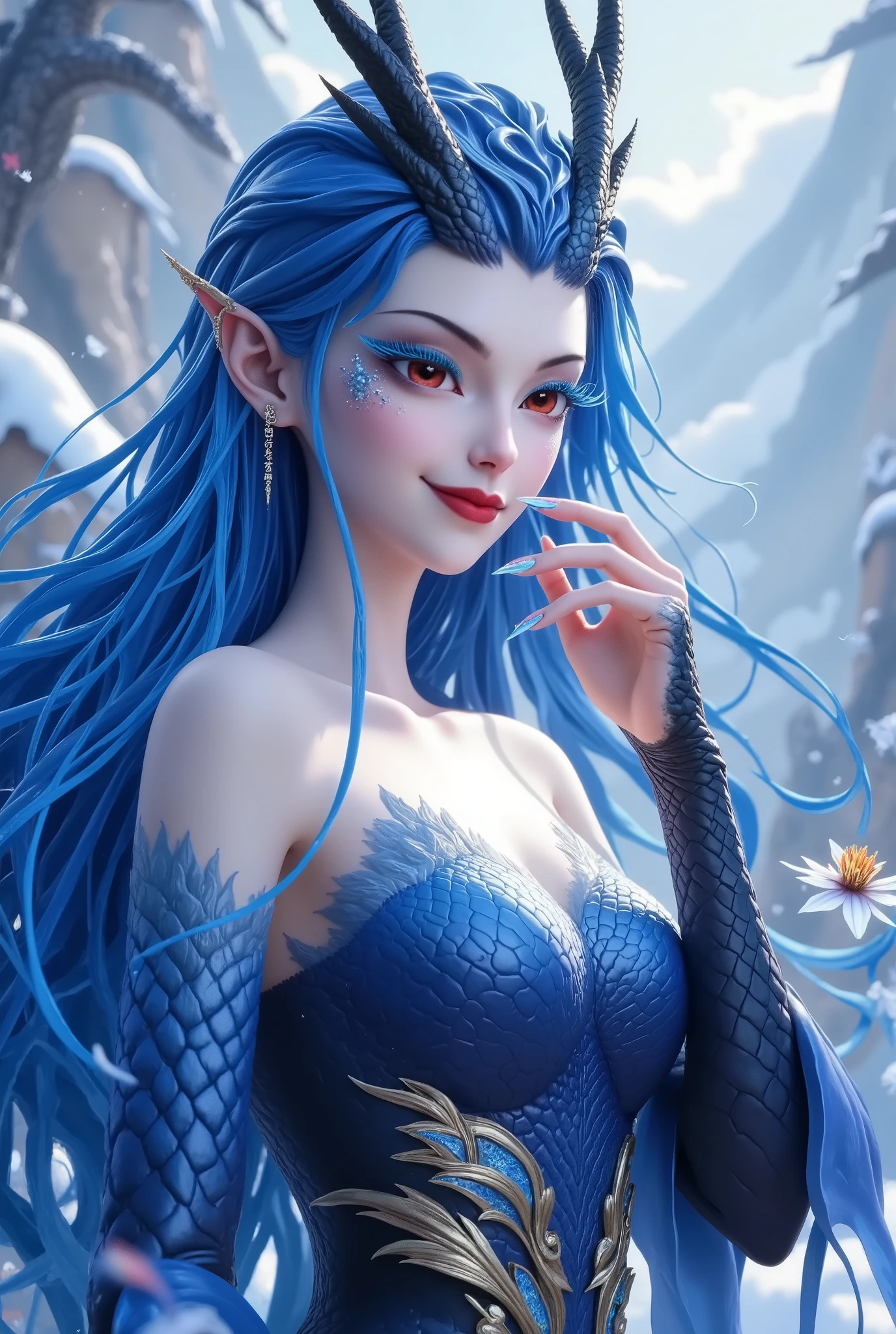 Noble and Elegant Dragon Princess,She will freeze magic, red eyes,Blue eyelashes,dragon horn。Prefer blue clothes。Dragon in the air。crystal darts,Examples of luminescence, ray tracing,Motion Capture。 Disney-style ,The AI model,Blue Elf, Detailed Fantasy Art , Fantasy art style, Intricate Fantastic Digital Art , huge chest , reveals breasts, exposing chest, reveals breasts, exposing chest, exposing chest, reveals breasts, exposing chest, reveals breasts,