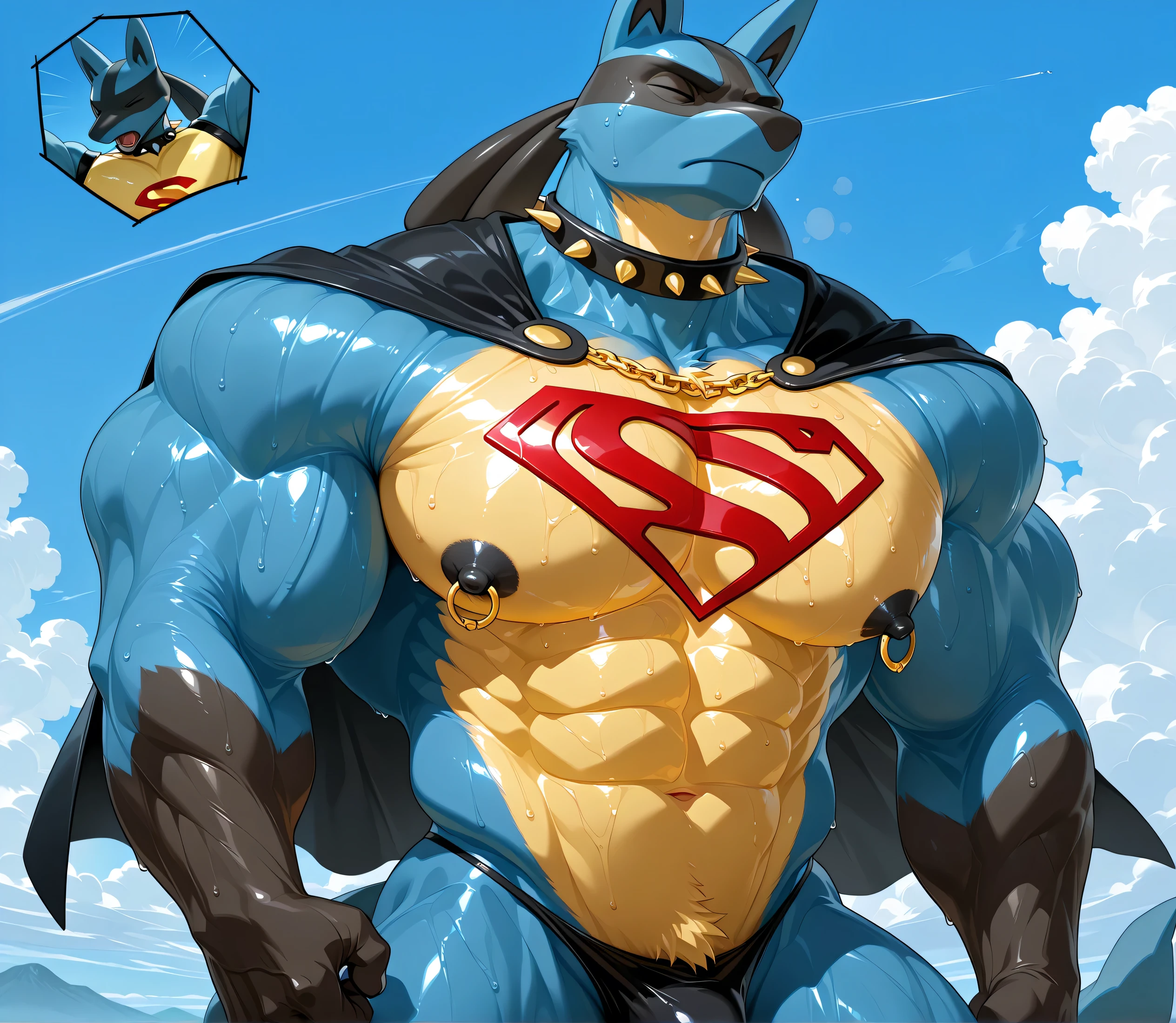 kemono, by null-ghost, by zixiong, solo, male, tail, Lucario, anthro, black nipples, big nipples, gold nipple rings, sweaty, handsome, broad shoulders, black thong, broad chest, huge muscular, posing, bedroom eyes, thick neck, thick arms, grabbing pectorals, serious, closed eyes, moaning, flying in the sky, clouds, wearing gold chains around neck, wearing a spiked collar on his neck, wearing superman outfit, superman symbol on center of chest, black cape, detailed background, sweaty, low view, front view, close shot of chest and face, body fills frame, BREAK score_9_up,score_8_up,score_7_up,score_6_up,score_5_up,score_4_up
