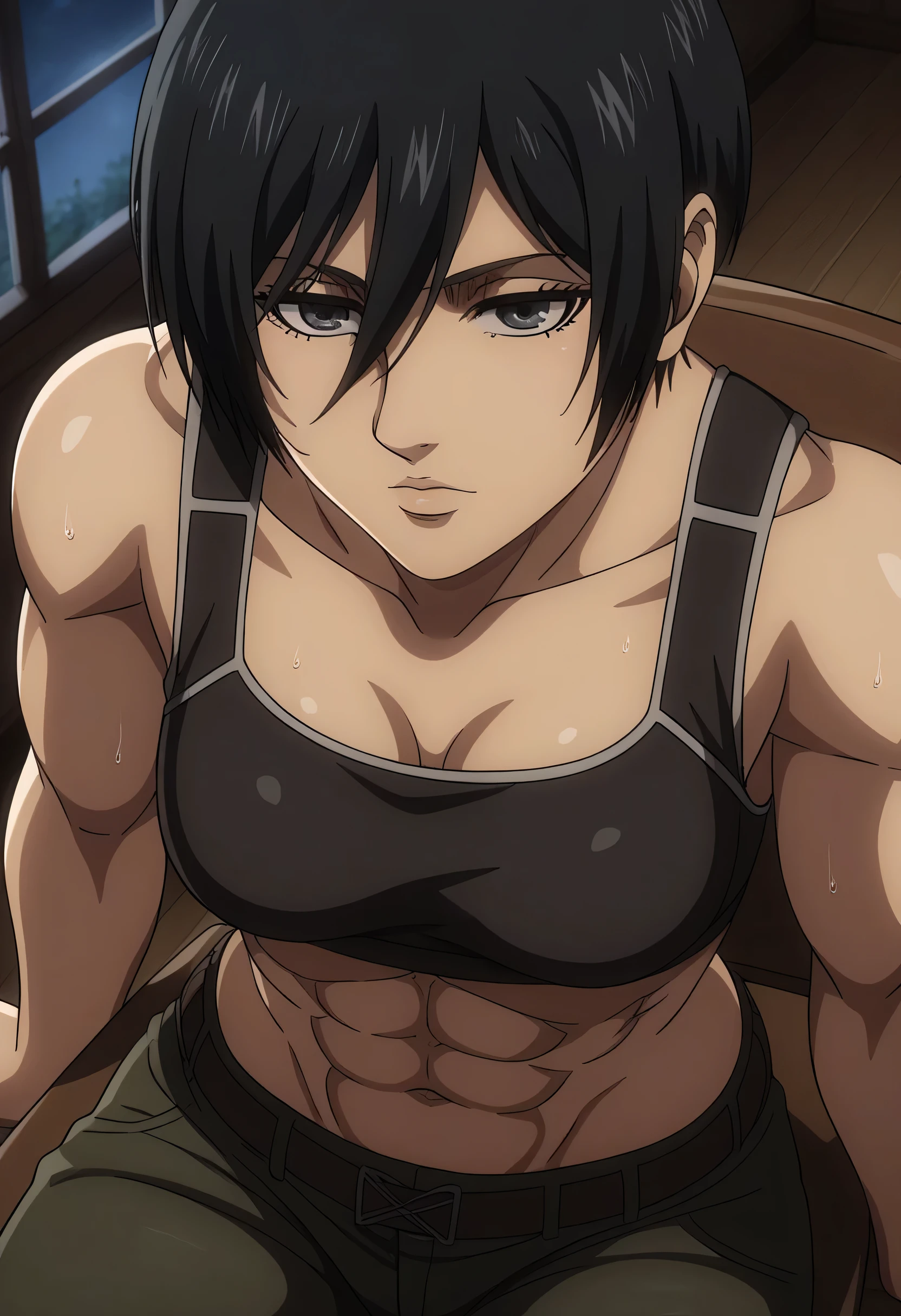 score_9, score_8_up, score_7_up, BREAK source_anime, mikasa ackrman, grey eyes, black hair, short hair, medium breasts,Mikasa wreanig black tight sport  Elastic  fiber  bra and black loose military trousers,mikasa with good looking body,perfect lighting,mikasa final season design,mikasa mappa version,sitting on  chair, Perfect generation,mikasa boy hairstyle,mikasa season 4 version,attack on titan graphics,in night,HD wallpaper,perfect colors,pixie cut hairstyle,contemplative face,,wet body,mikasa flat stomach,mikasa only six-pack,normal body size,anime style,tone six-pack,attack on titan season 4 style,upper body,close review to character,bra design  as tank top, mikasa handsome face,in bedroom,light trun off in room,mikasa alone in room,solo,1girl, serratus anterior muscles,Qblique muscles,female navel,female power attractiveness,looking at above,view from above 