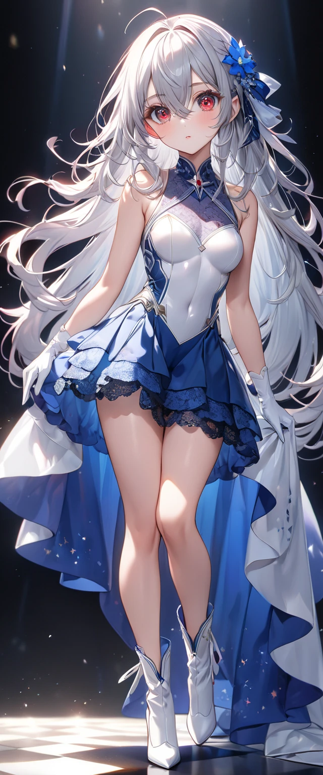 One Woman、full bodyesbian、frontage、standing up、White hair、ample breasts、sleeveless、white gown、High heel sandals、animesque、ultra-quality、Smile Masterpiece、