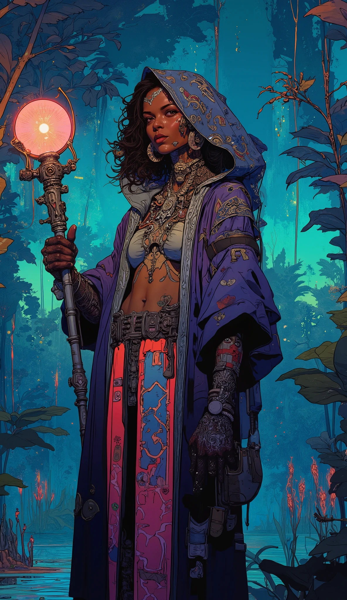 ((Tia Dalma)), cyberpunk voodoo priestess, black woman, with glowing cybernetic tattoos, wearing a futuristic robe made of holographic fabric, holding a staff with a glowing orb, standing in a neon-lit cyberpunk swamp with bioluminescent plants, cinematic lighting, highly detailed, 8k resolution, cyberpunk aesthetic, by James Jean and Android Jones.